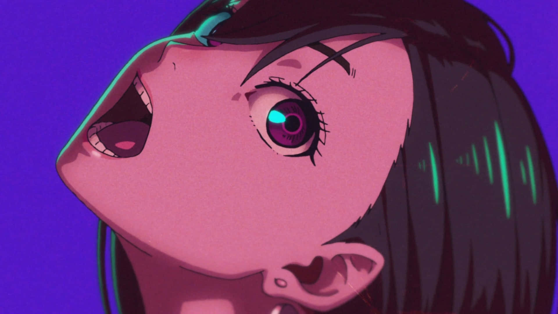 Momo Ayase, pink skin, glowing cyan eyes, Full HD Desktop Wallpaper