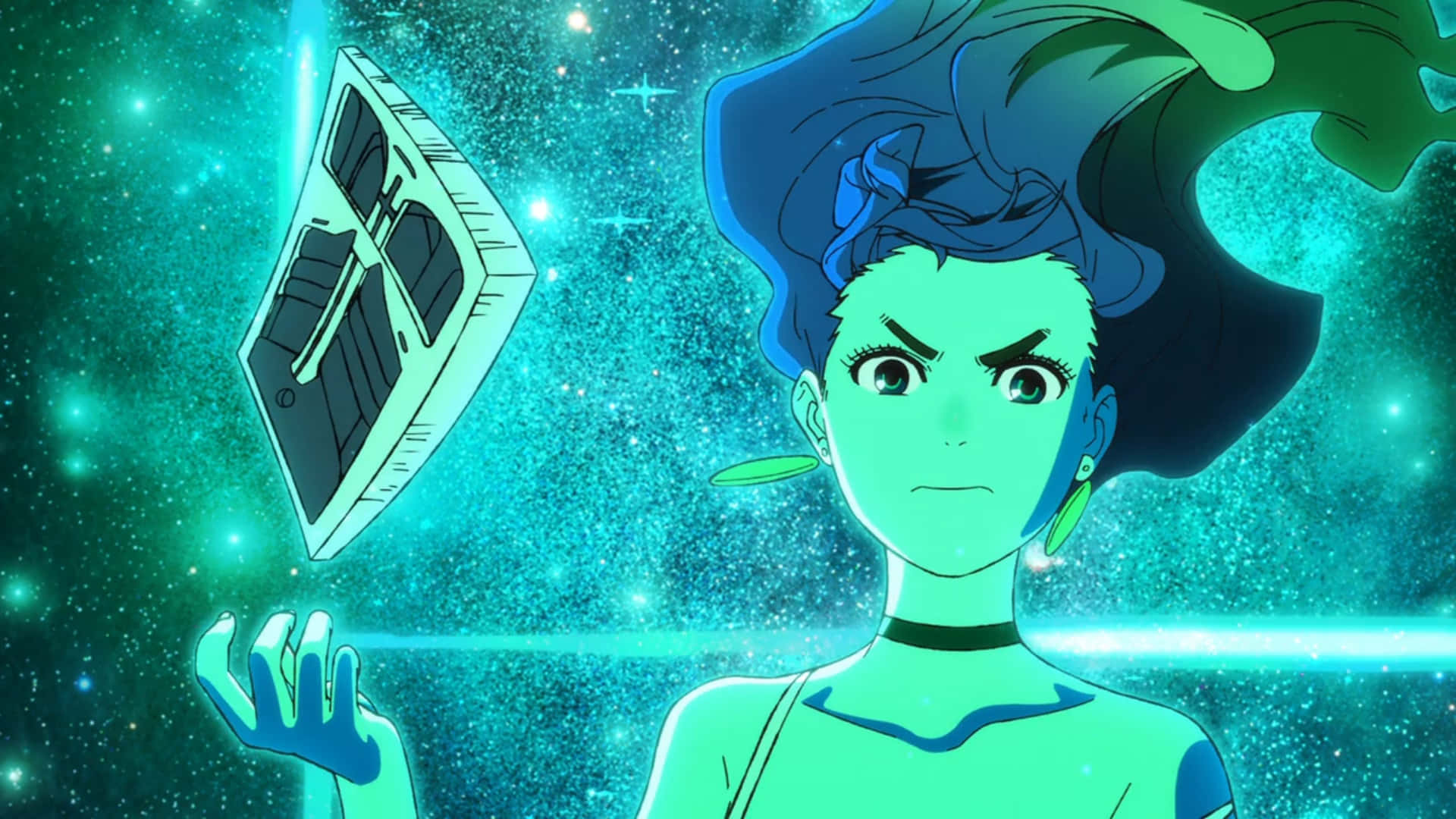 Momo Ayase, blue hair, green glow, Full HD Desktop Wallpaper