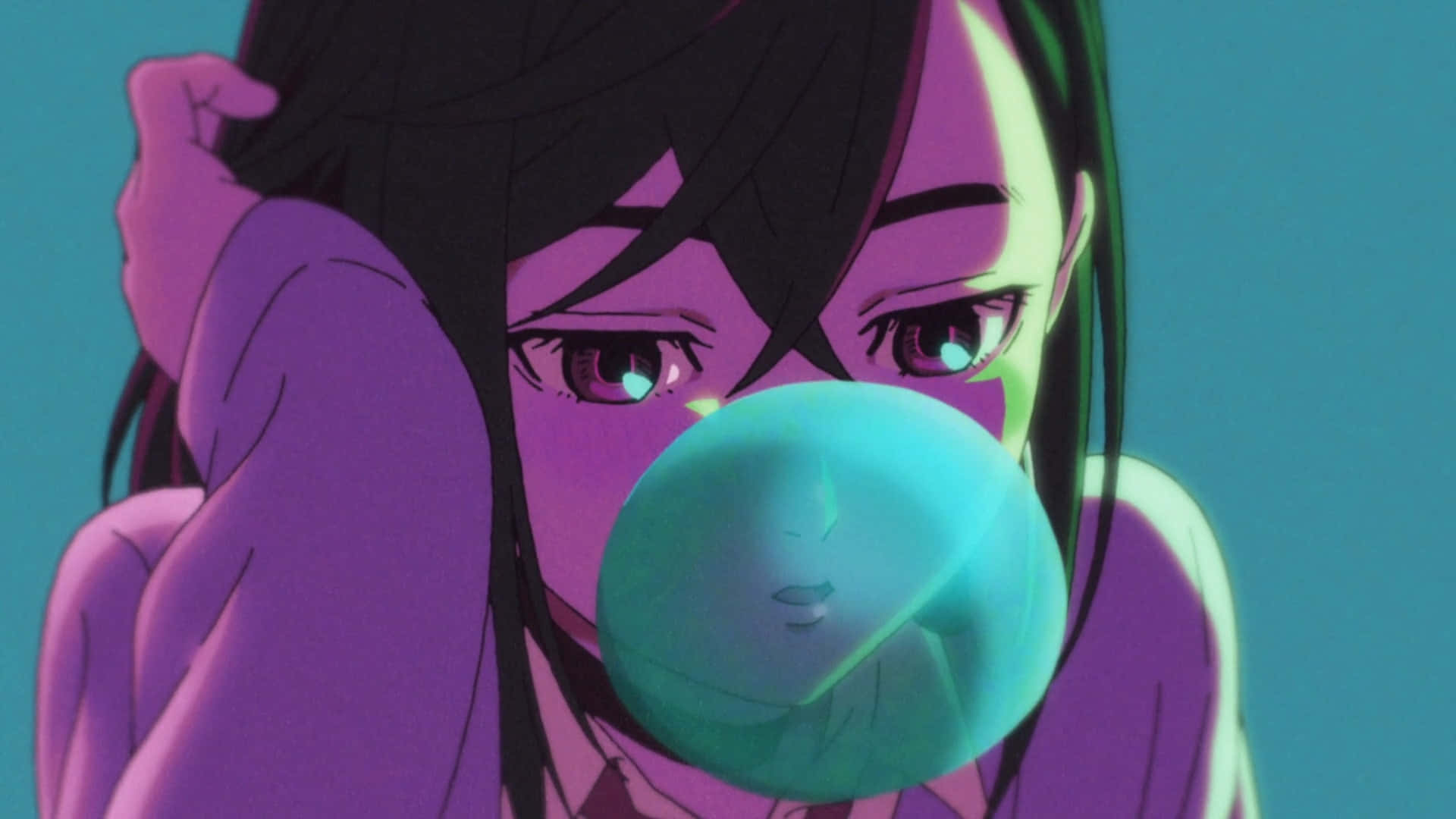 Momo Ayase, glowing teal bubblegum bubble, vibrant purple and teal background, Full HD Desktop Wallpaper