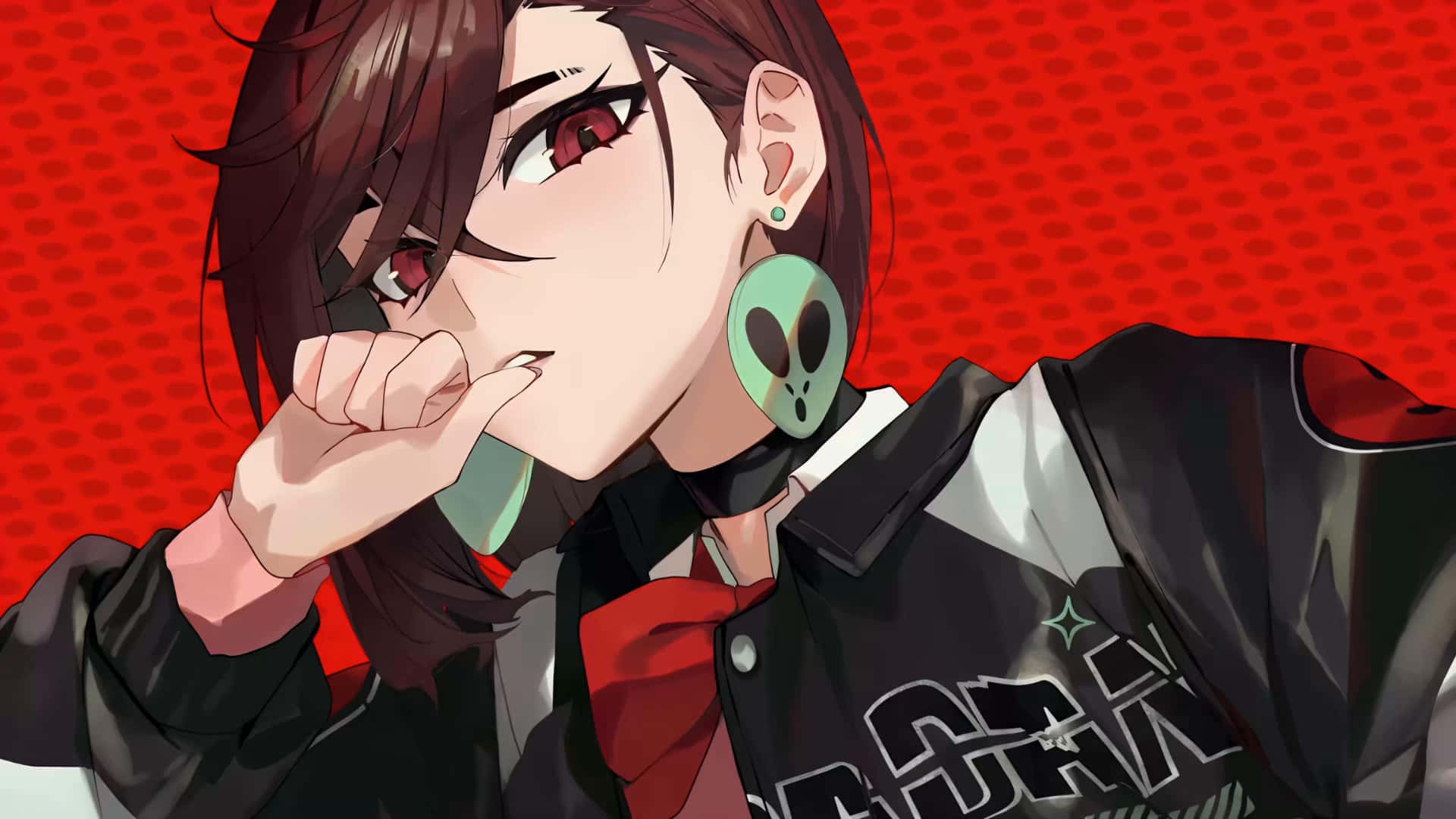 Momo Ayase, red eyes, alien-themed earrings, Full HD Desktop Wallpaper