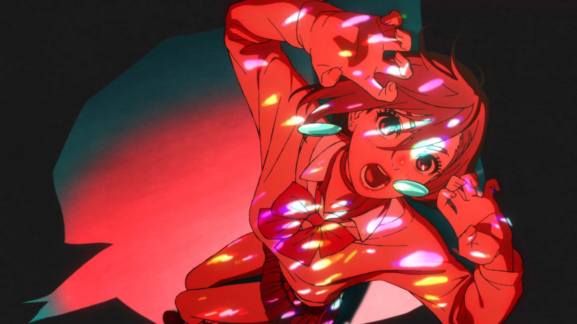 Momo Ayase, red outfit, glowing colorful lights, Full HD Desktop Wallpaper