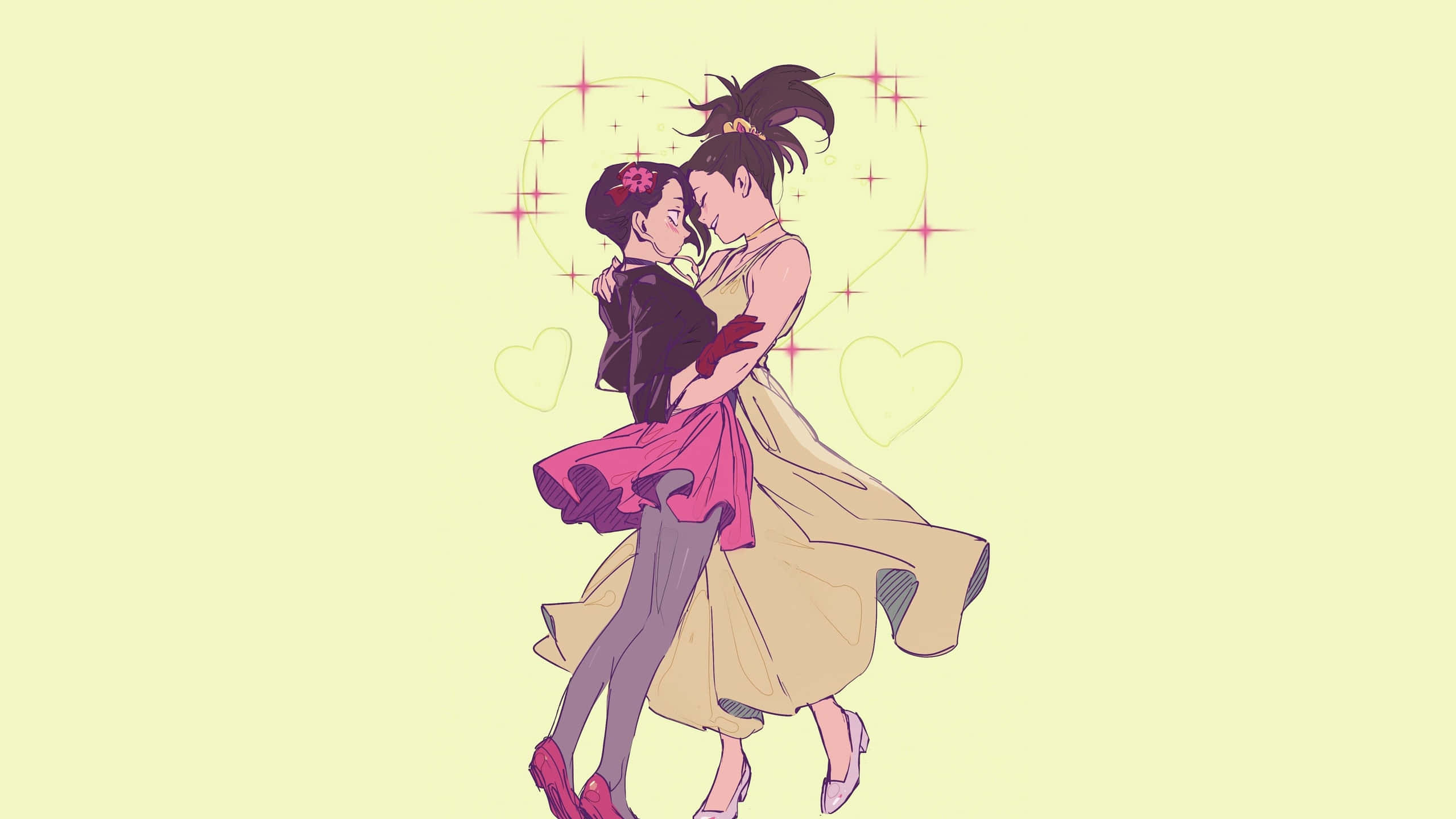 Momo Yaoyorozu, anime-style lovers, glowing hearts, 2K Desktop Wallpaper
