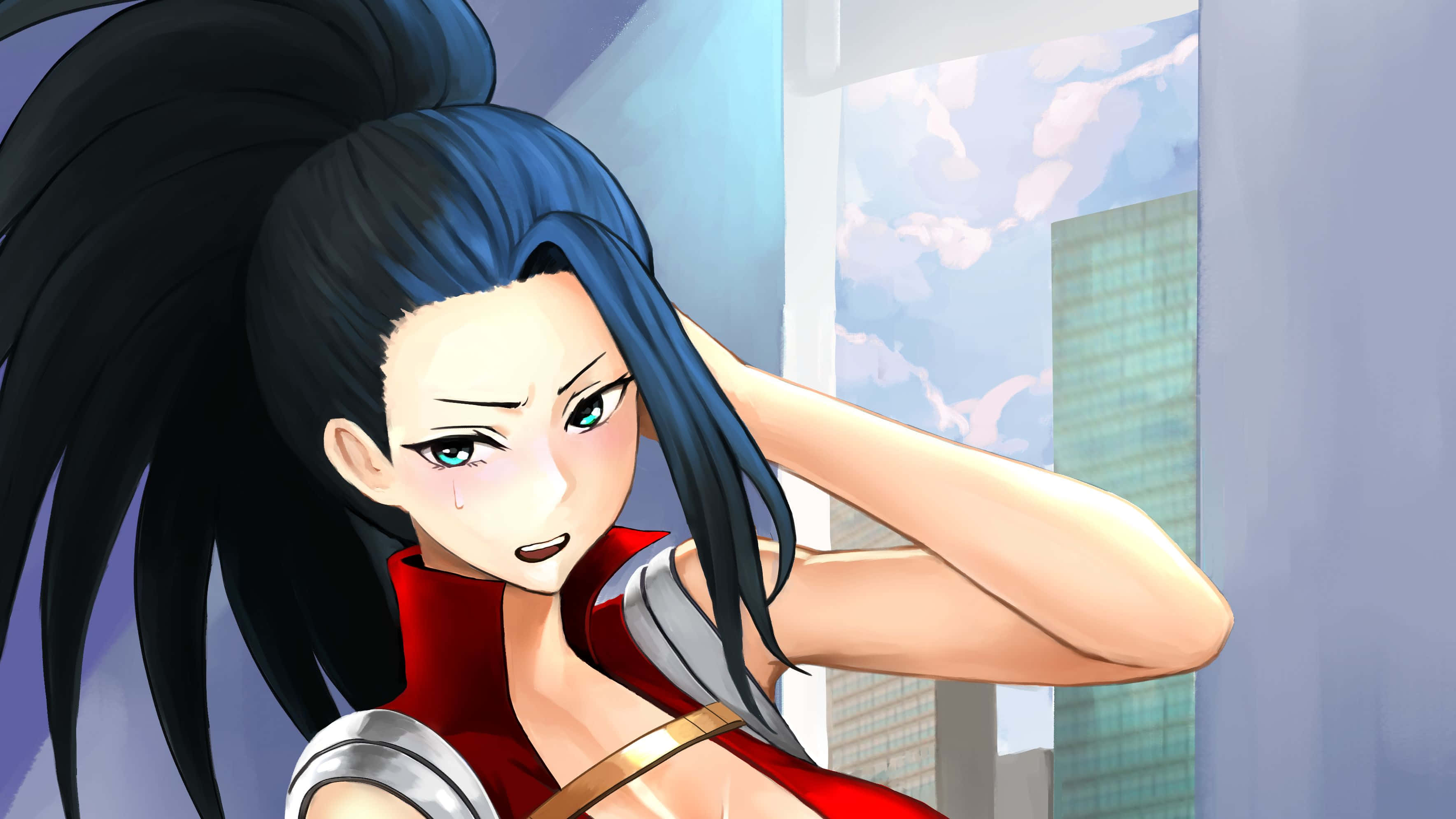 Momo Yaoyorozu, blue-black hair, green eyes, 2K Desktop Wallpaper