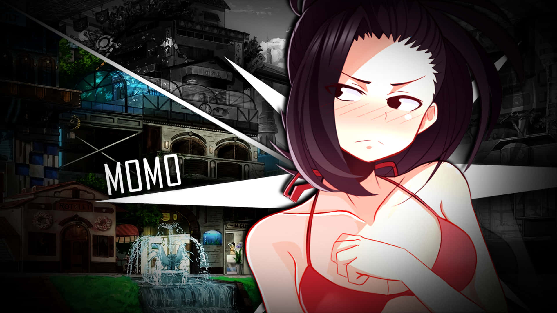 Momo Yaoyorozu, red top, stylized cityscape, Full HD Desktop Wallpaper