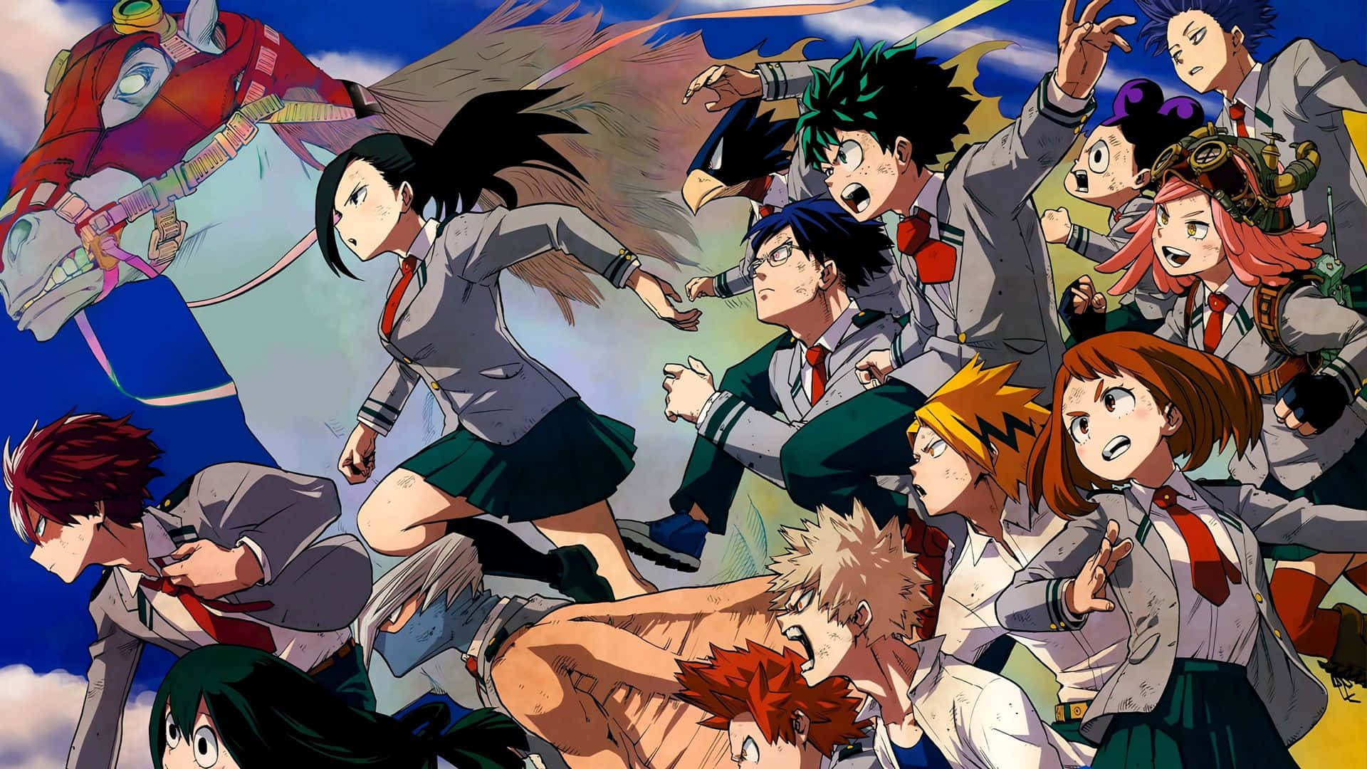 Momo Yaoyorozu, school uniforms, vibrant blue sky, Full HD Desktop Wallpaper