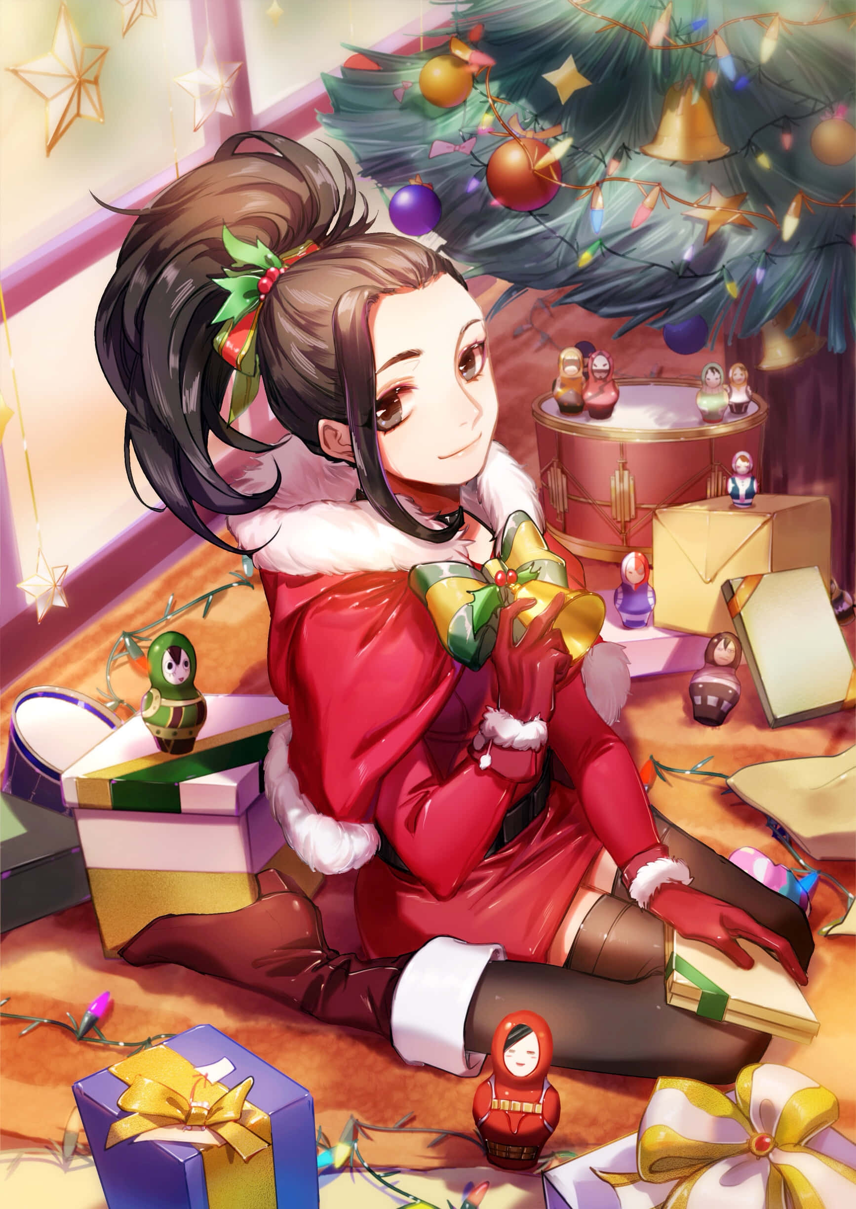 Momo Yaoyorozu, red Santa outfit, Christmas tree, Full HD Phone Wallpaper