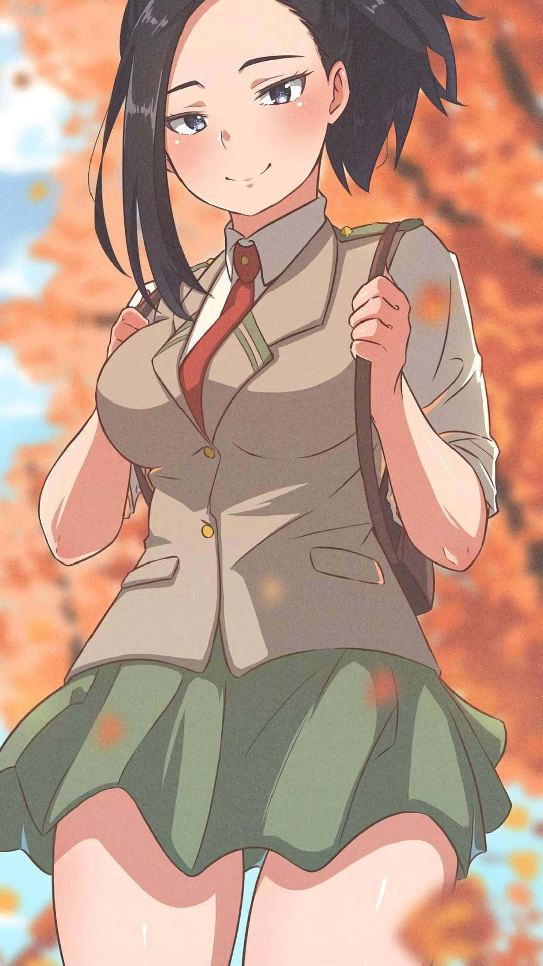 Momo Yaoyorozu, school uniform, autumn tree, Full HD Phone Wallpaper