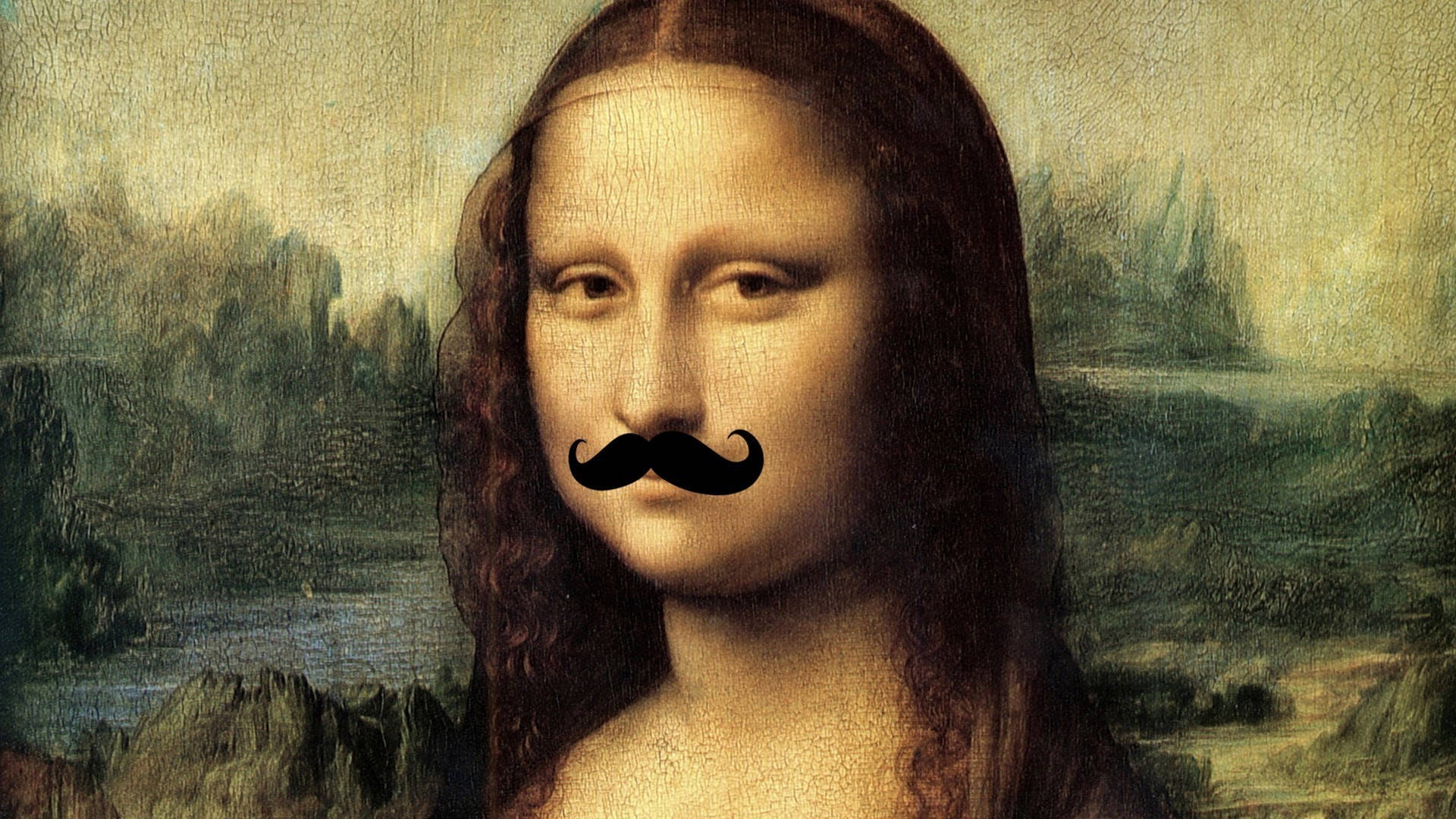 Mona Lisa, thick black handlebar mustache, enigmatic smile, Full HD Desktop Wallpaper