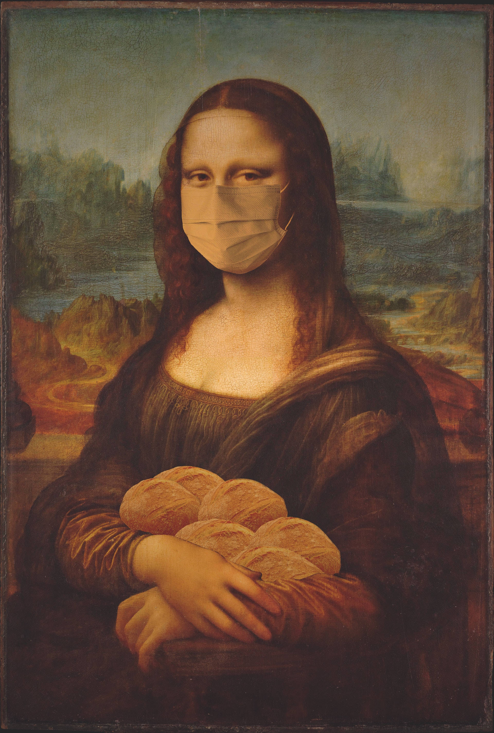 Mona Lisa, surgical mask, bread, 2K Phone Wallpaper