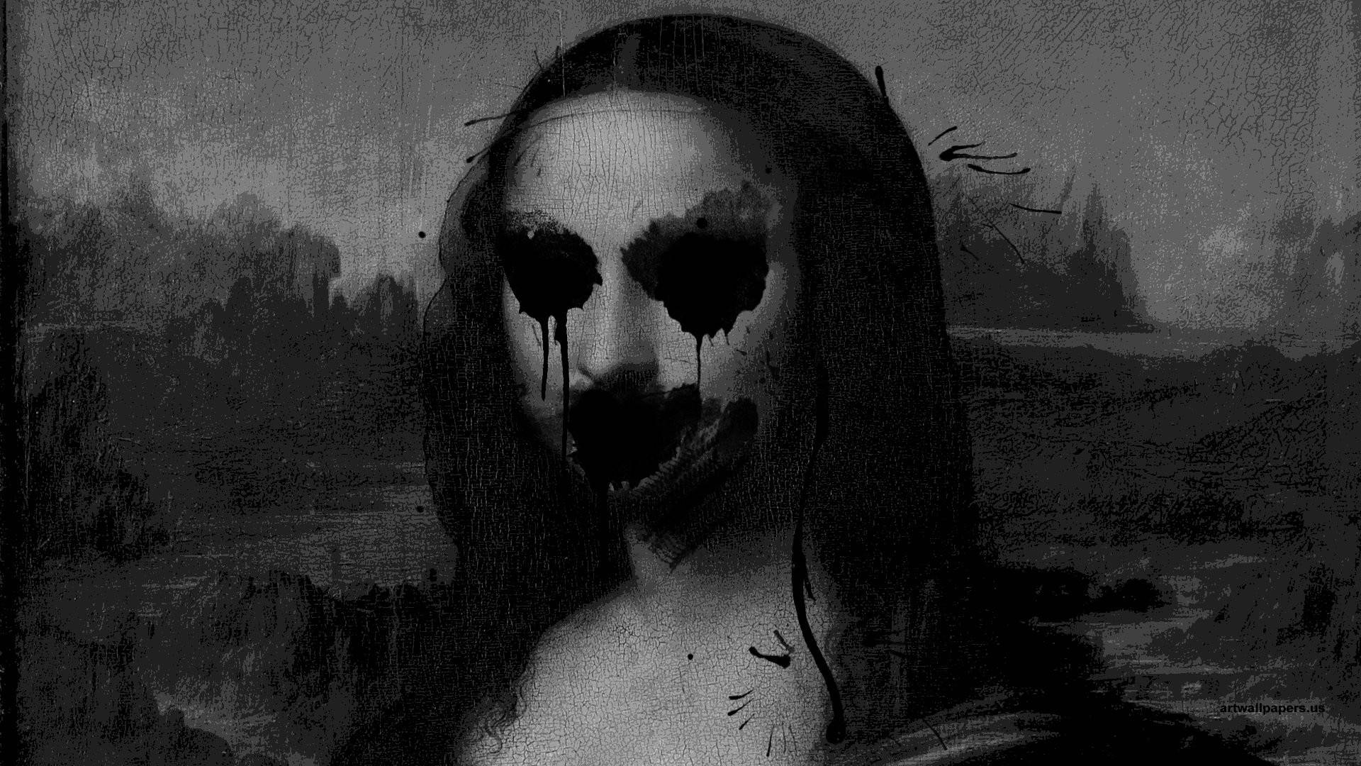 Mona Lisa, monochrome, melting black voids, Full HD Desktop Wallpaper