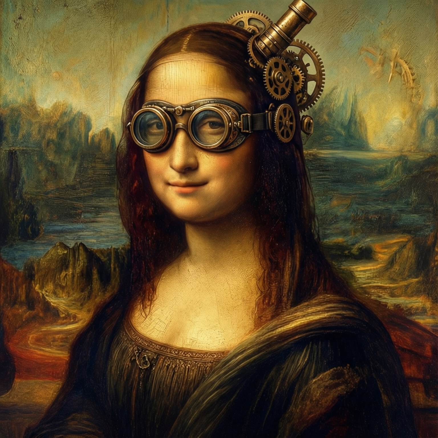 steampunk, Mona Lisa, brass goggles, HD Desktop Wallpaper