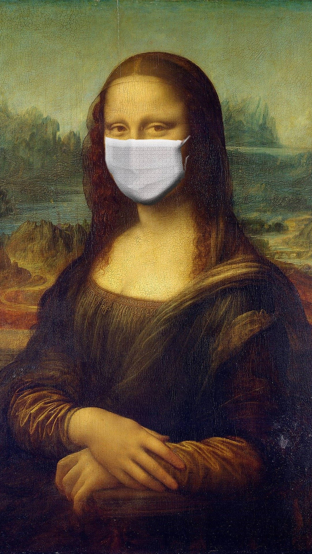 Mona Lisa, white surgical mask, hazy Renaissance landscape, HD Phone Wallpaper