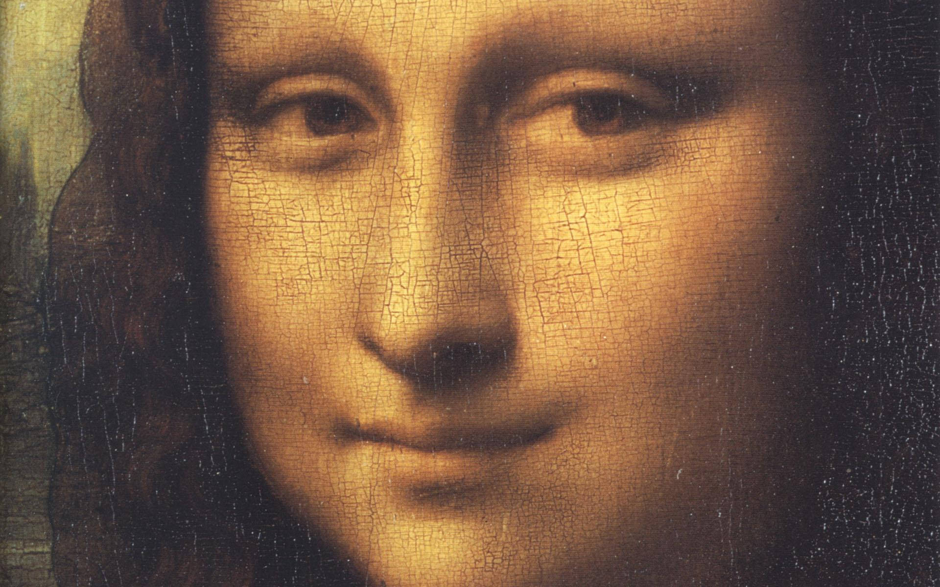 Mona Lisa, cracked golden-brown paint, soft shadowed background, Full HD Desktop Wallpaper