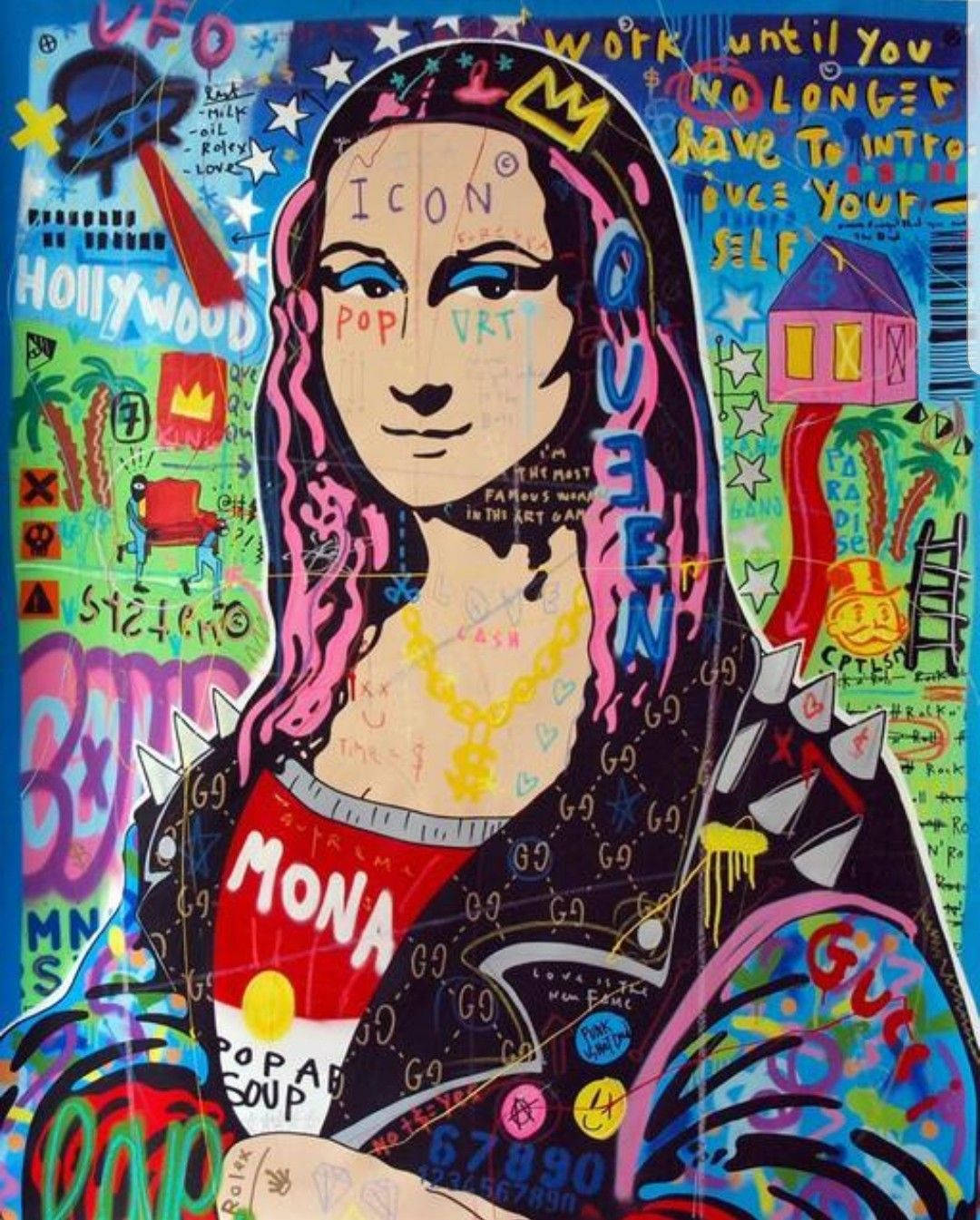 Mona Lisa, pink hair, graffiti-style portrait, HD Phone Wallpaper