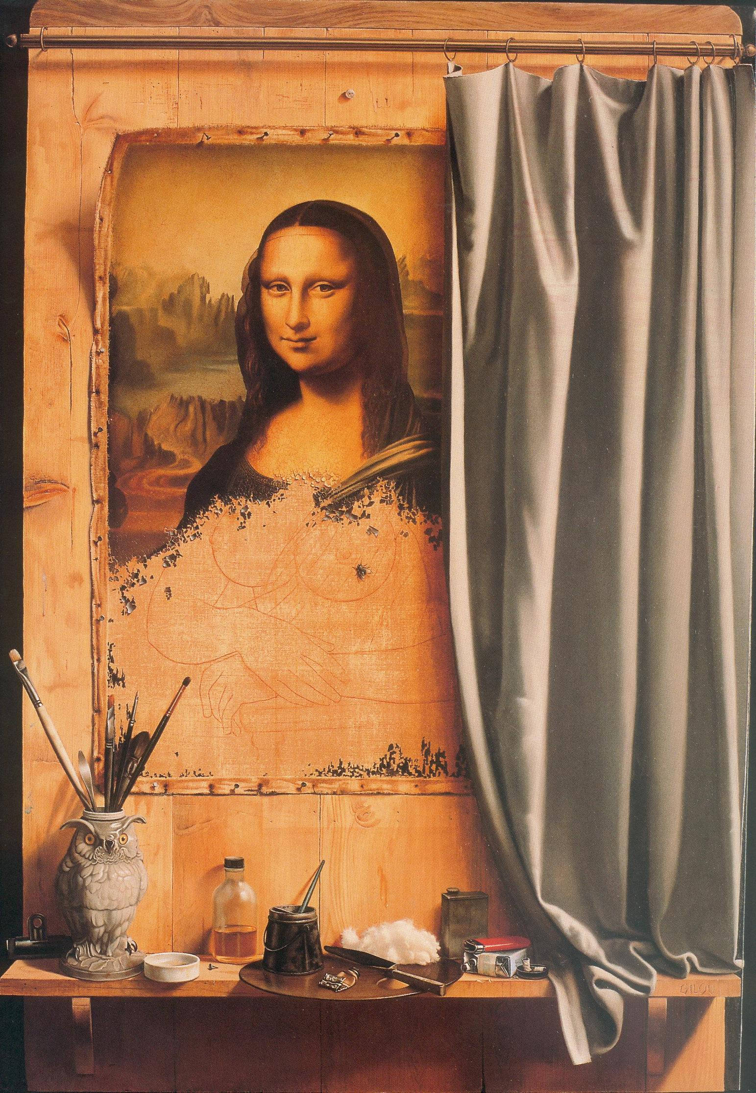Mona Lisa, faded paint, grey curtain, Full HD Phone Wallpaper