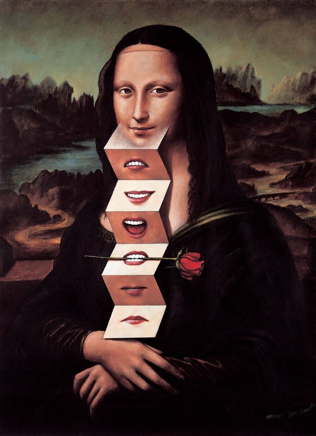 Mona Lisa, cascading lips, rose, HD Phone Wallpaper