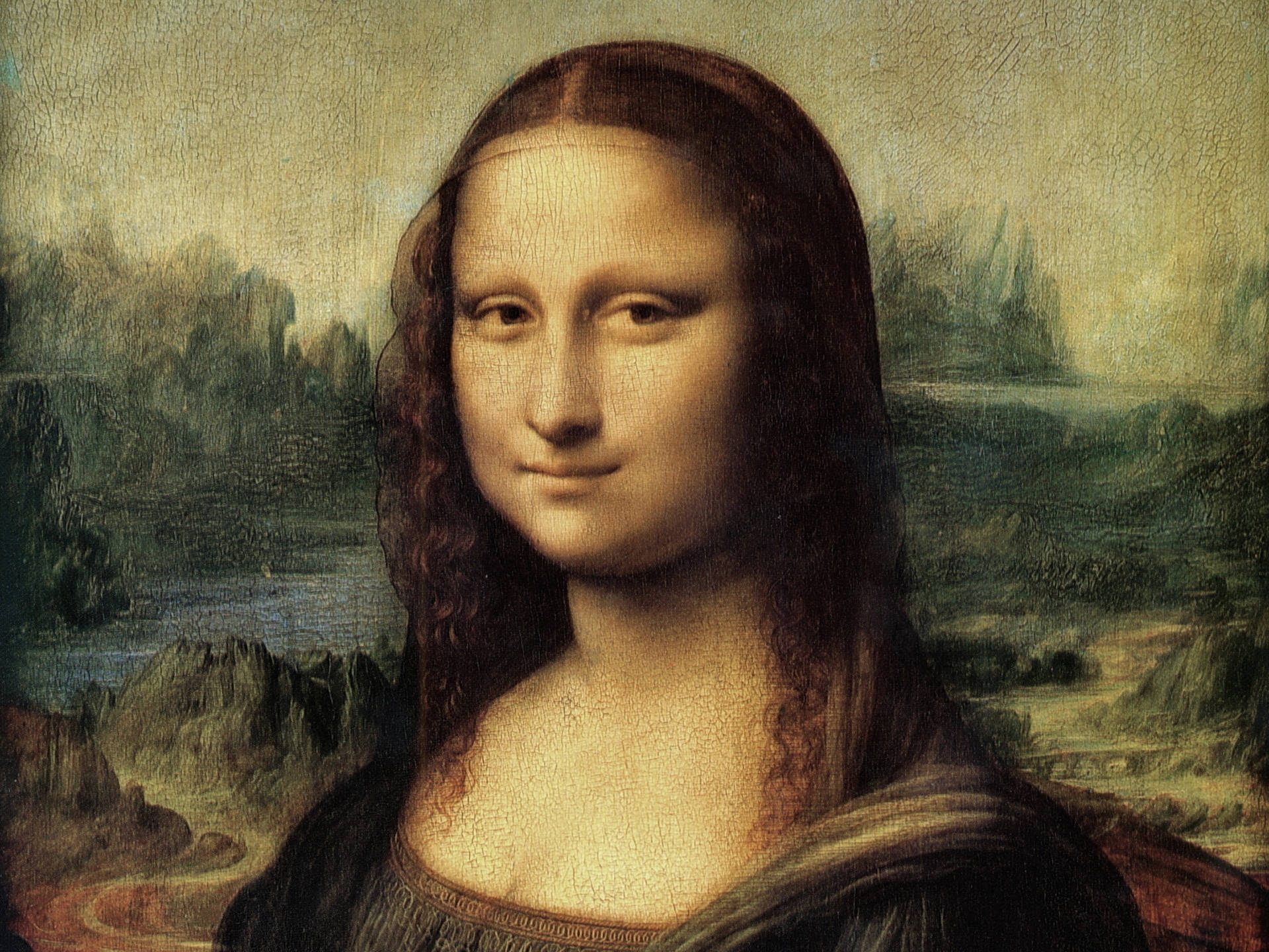 Mona Lisa, oil painting, misty hazy landscape, Full HD Desktop Wallpaper