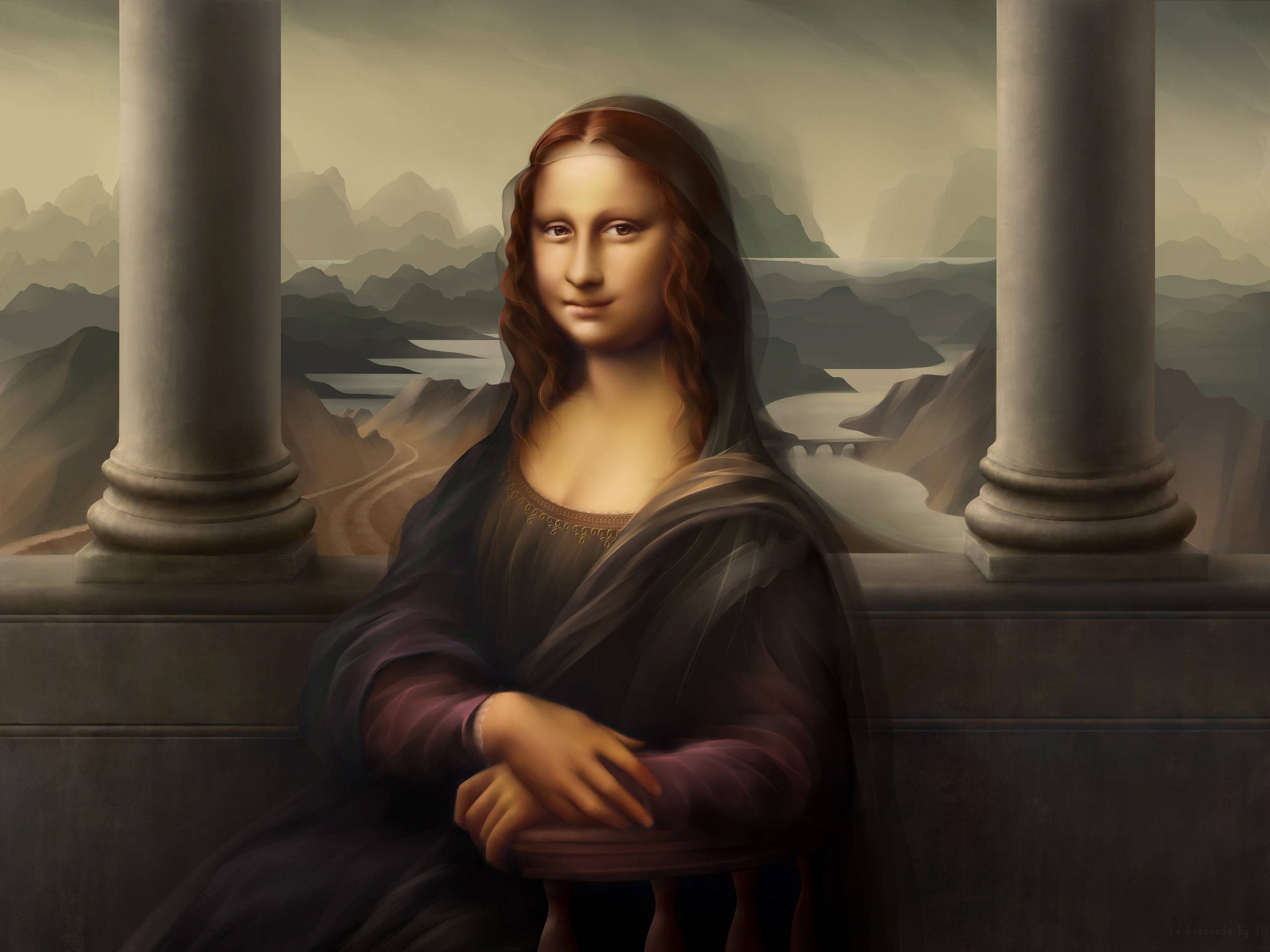 Mona Lisa, digital paint, classical columns, 2K Desktop Wallpaper