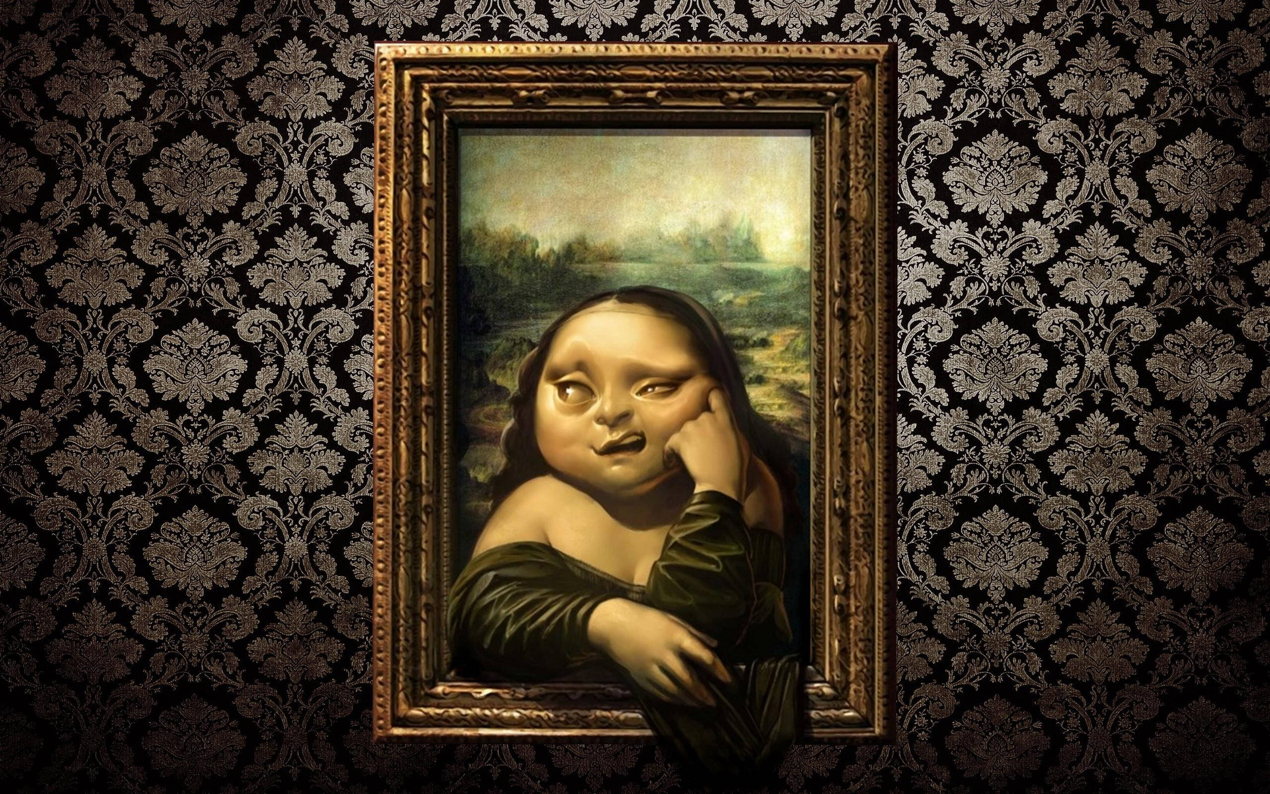 Mona Lisa, golden frame, ornate black damask wallpaper, 2K Desktop Wallpaper