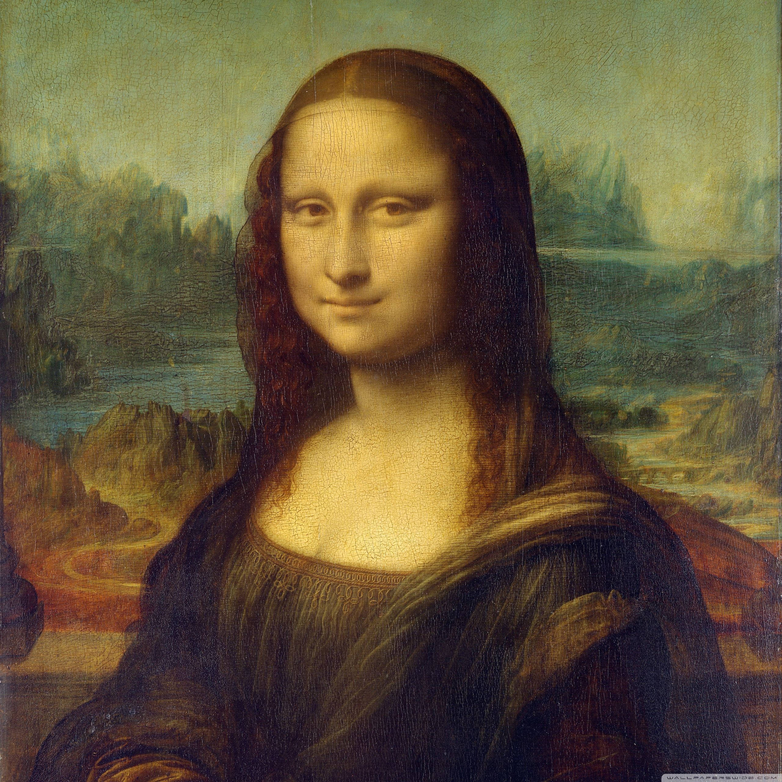 Mona Lisa, earth tones, hazy distant landscape, 2K Desktop Wallpaper
