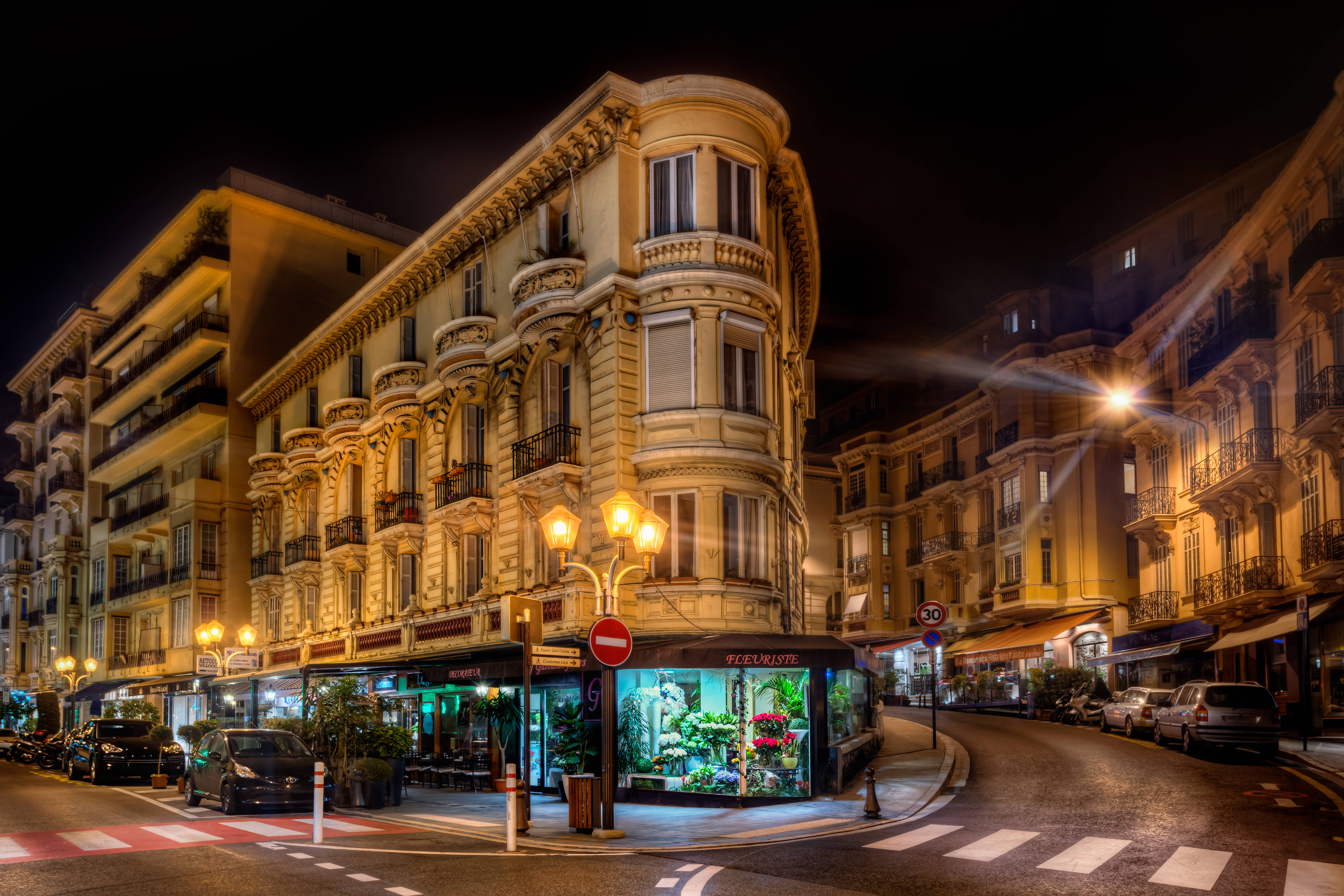 Monaco, city at night, curved city intersection, 5K Desktop Wallpaper
