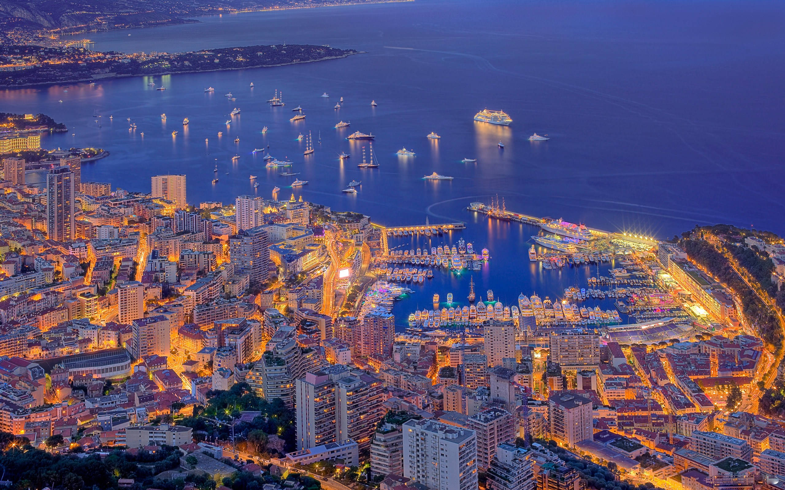Monaco, twilight, glowing city lights, 2K Desktop Wallpaper