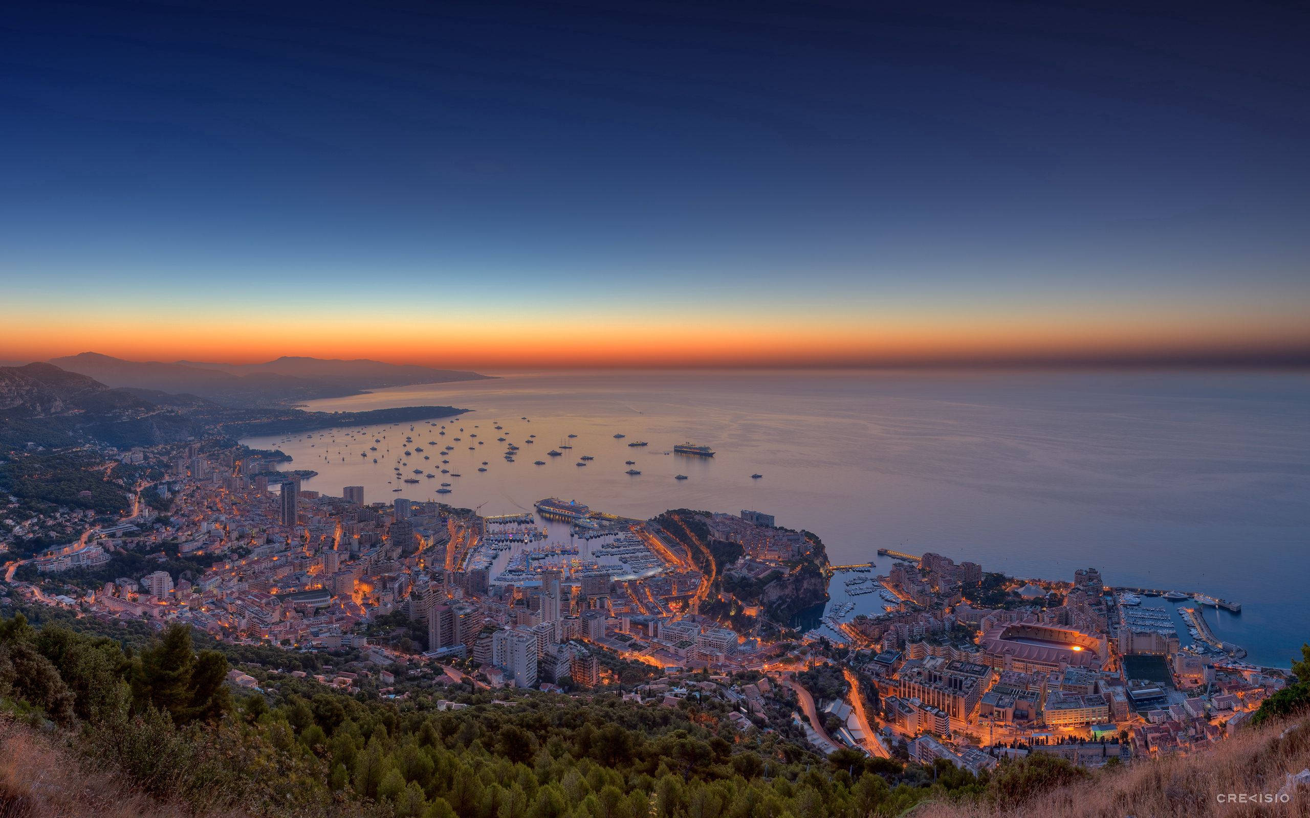 Monaco, sunset, glowing city lights, 2K Desktop Wallpaper