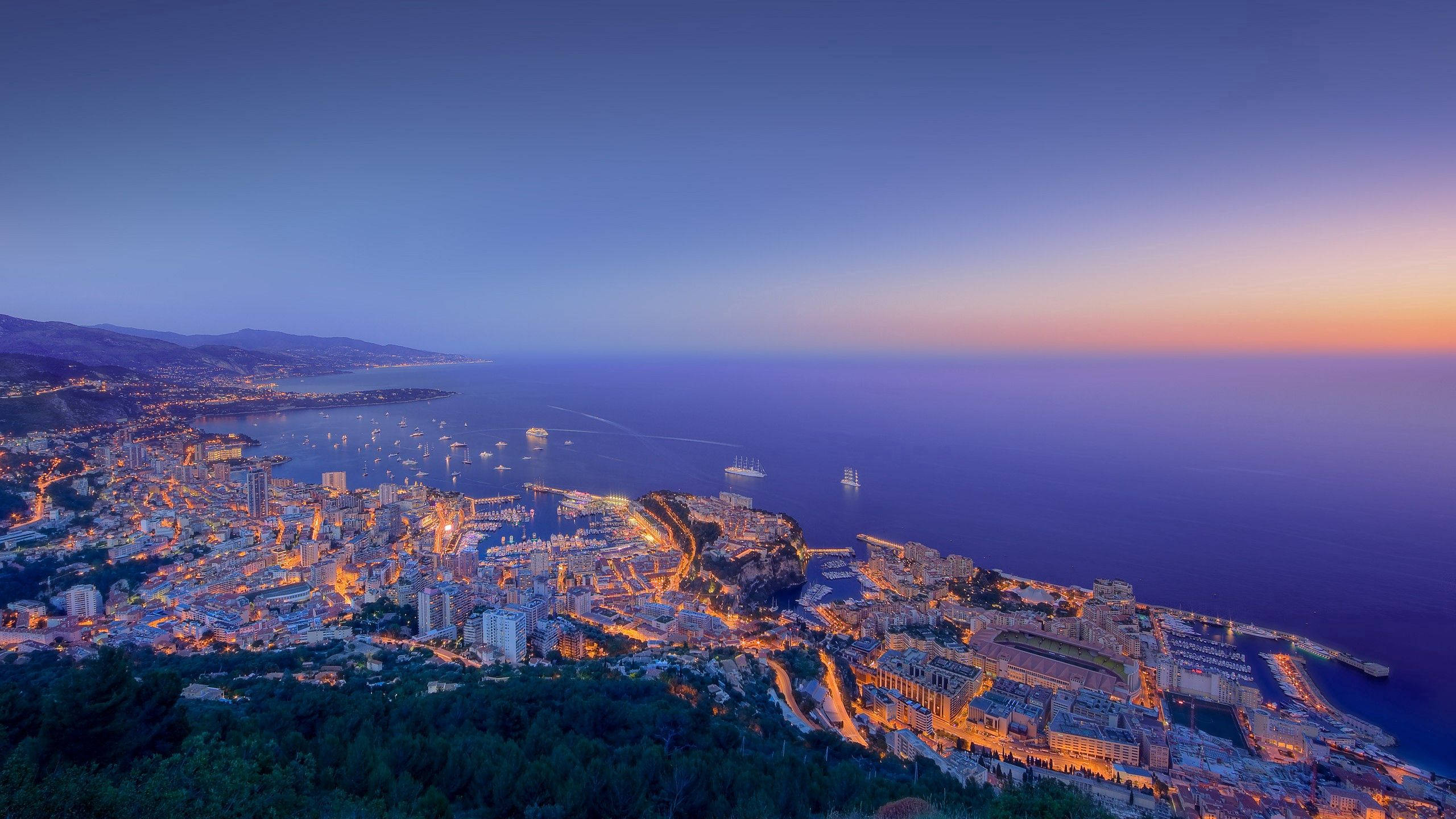 Monaco, sunset, coastal city, 2K Desktop Wallpaper