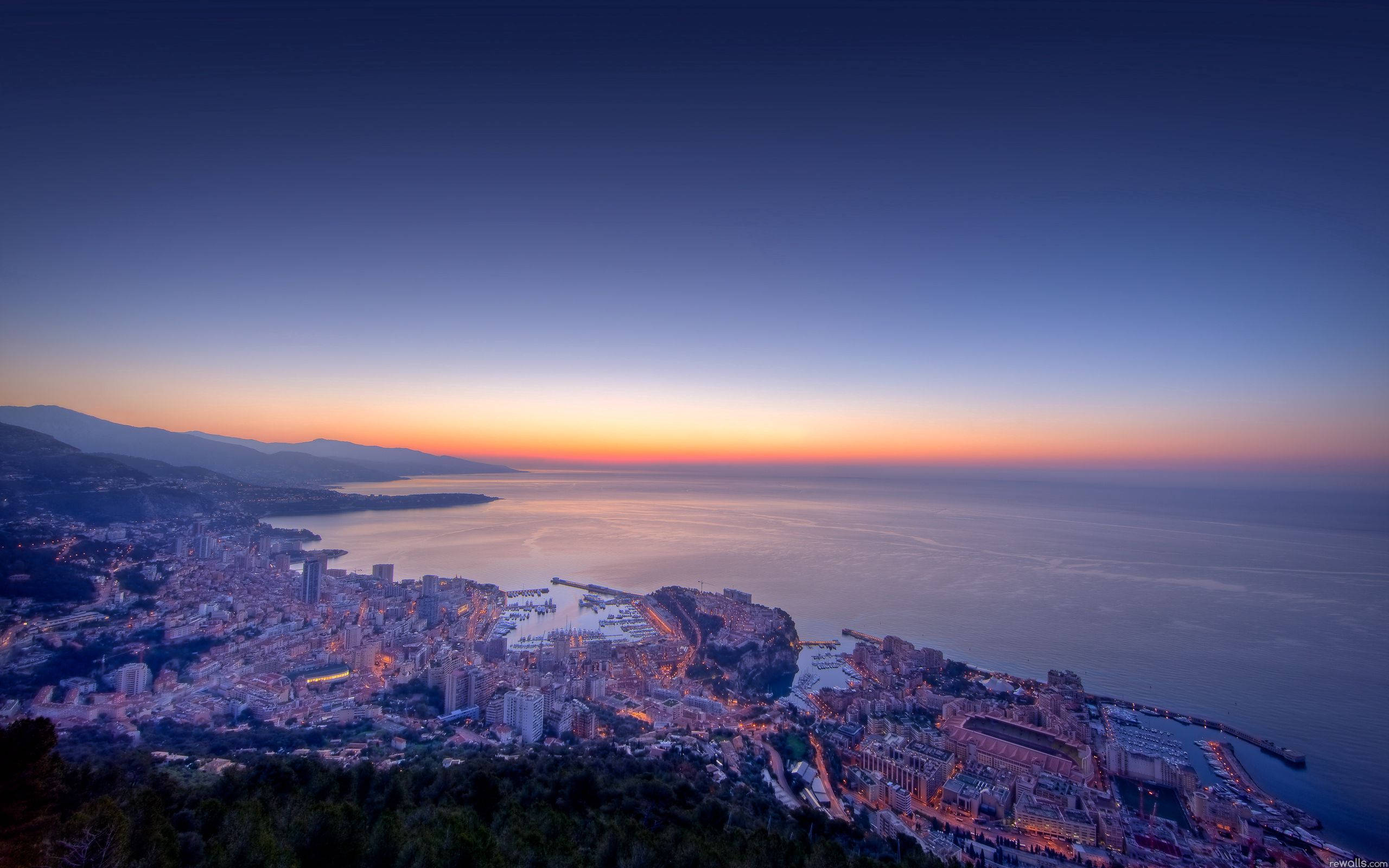 Monaco, dusk, orange horizon, 2K Desktop Wallpaper