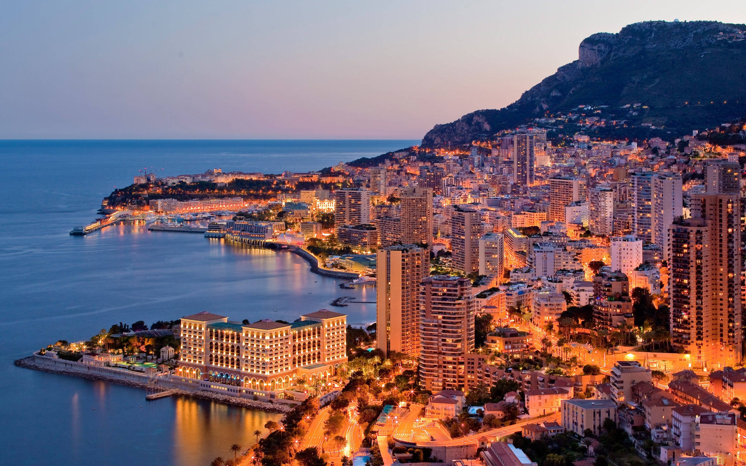 Monaco, dusk, glowing city lights, 2K Desktop Wallpaper