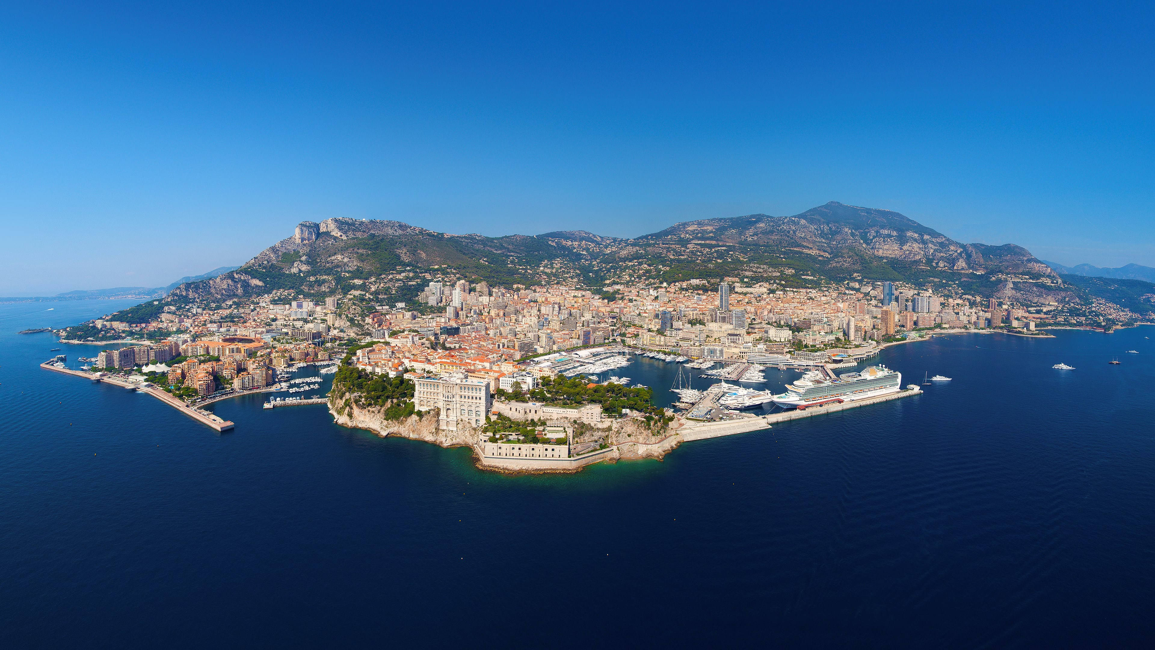 Monaco, deep blue sea, sunlit mountains, 4K Desktop Wallpaper