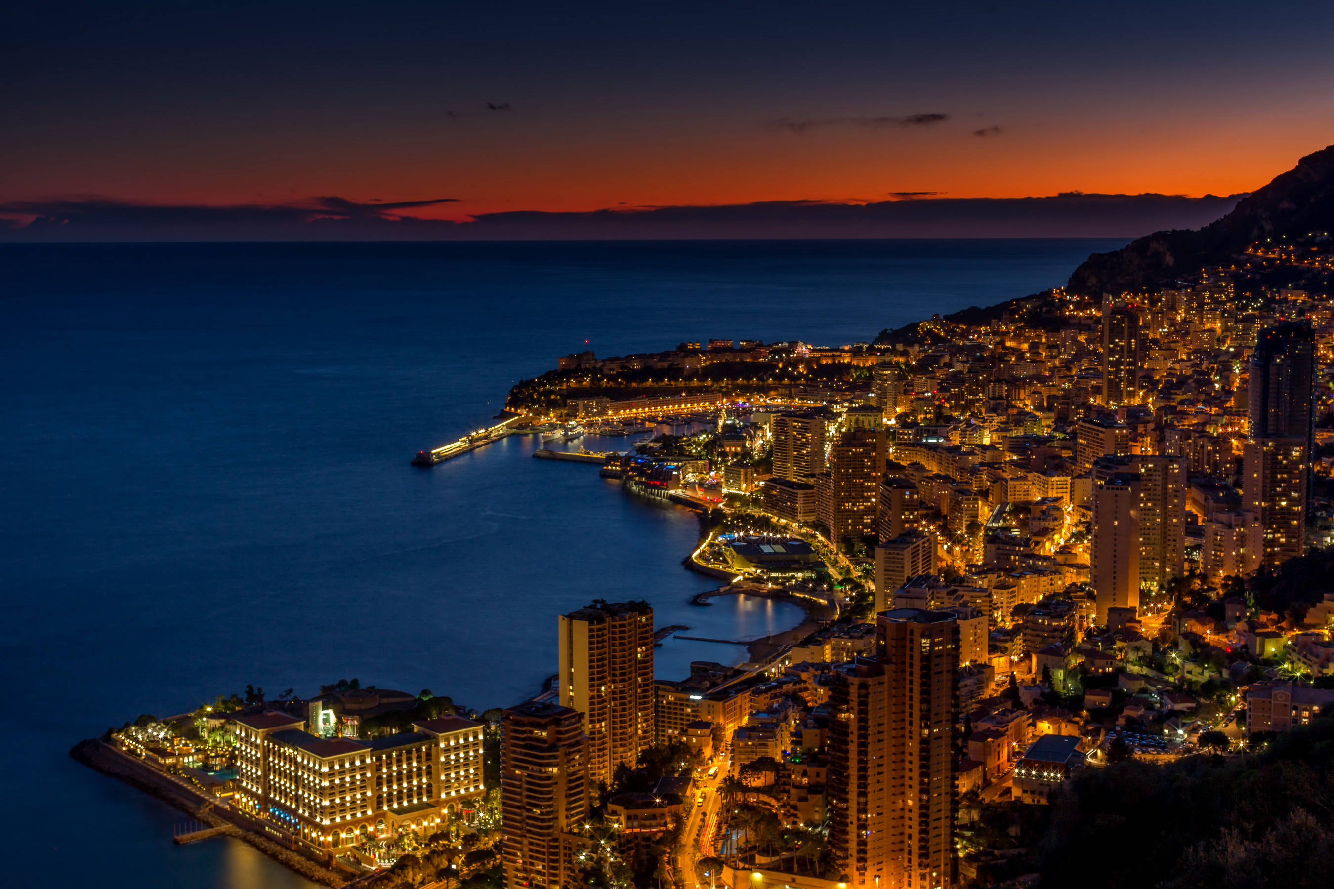 Monaco, golden lights, deep blue ocean, 2K Desktop Wallpaper