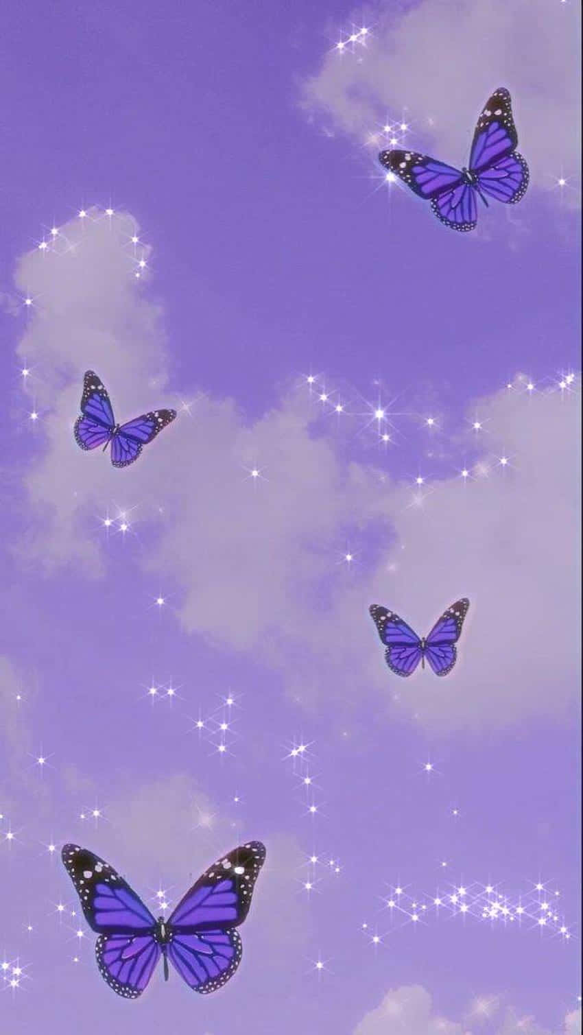 soft purple butterflies, black outlines, soft lavender clouds, HD Phone Wallpaper