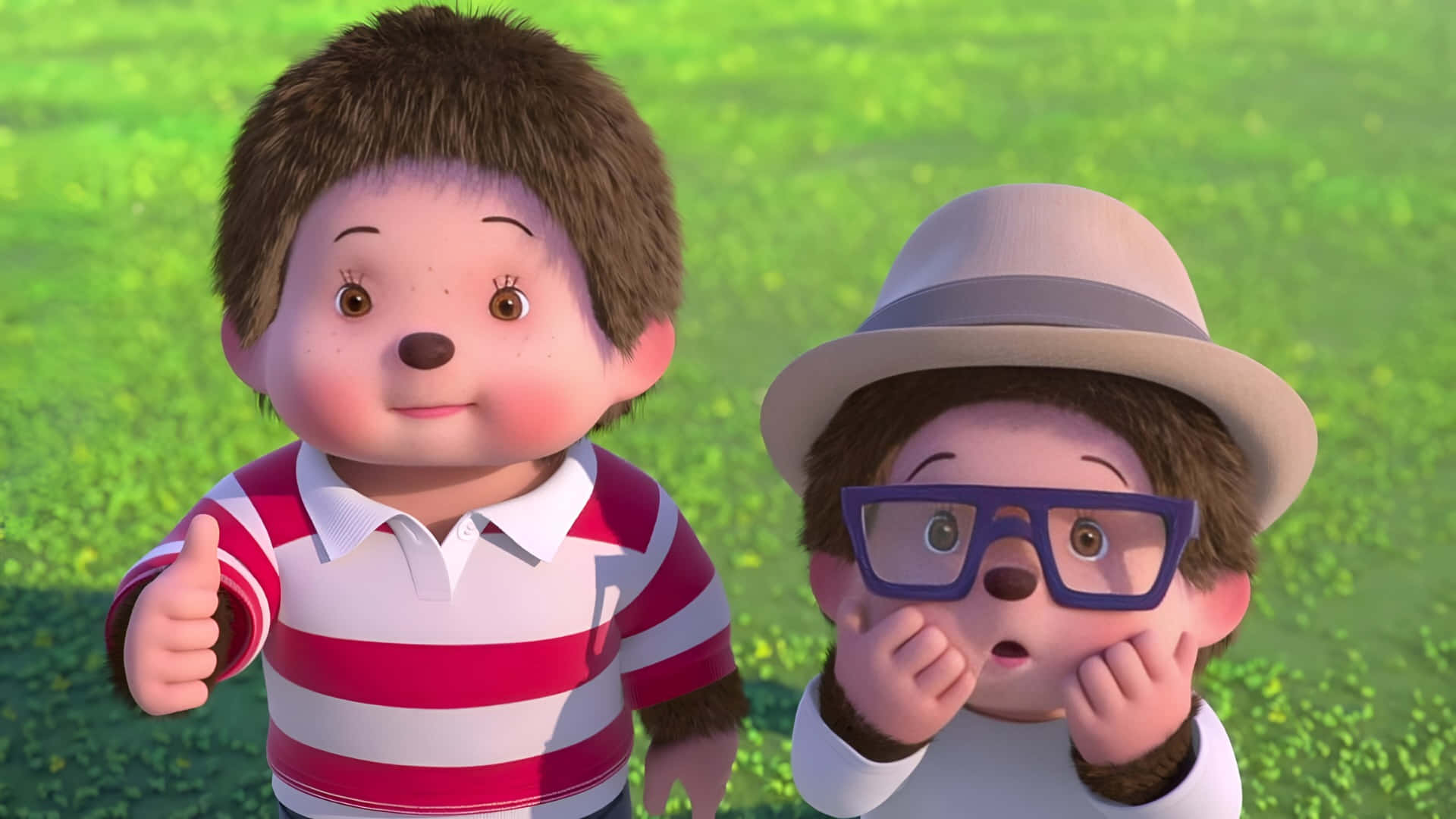 Monchhichi, hedgehog children, sunlit green field, Full HD Desktop Wallpaper