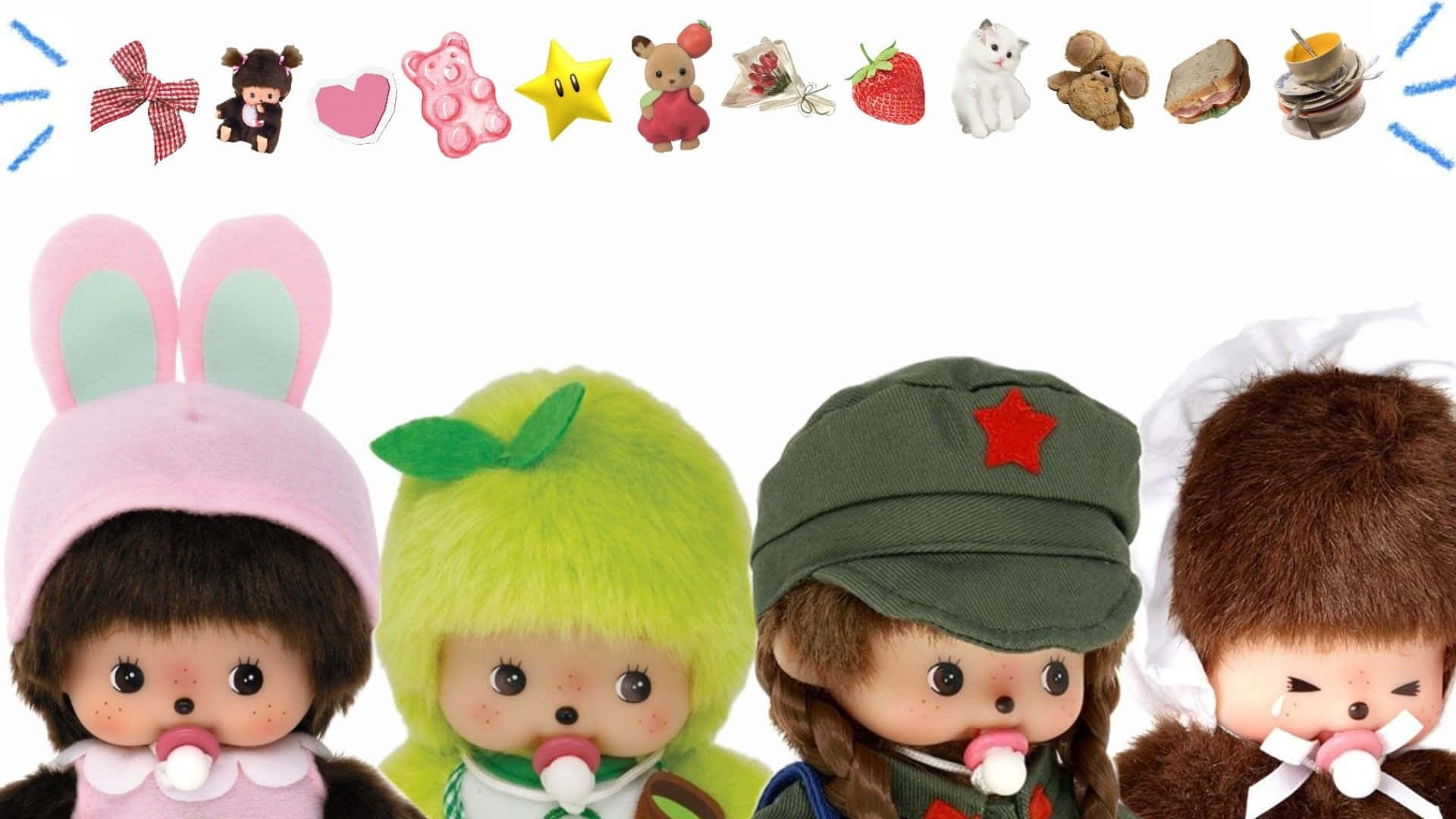 Monchhichi, collectible dolls, white background, Full HD Desktop Wallpaper