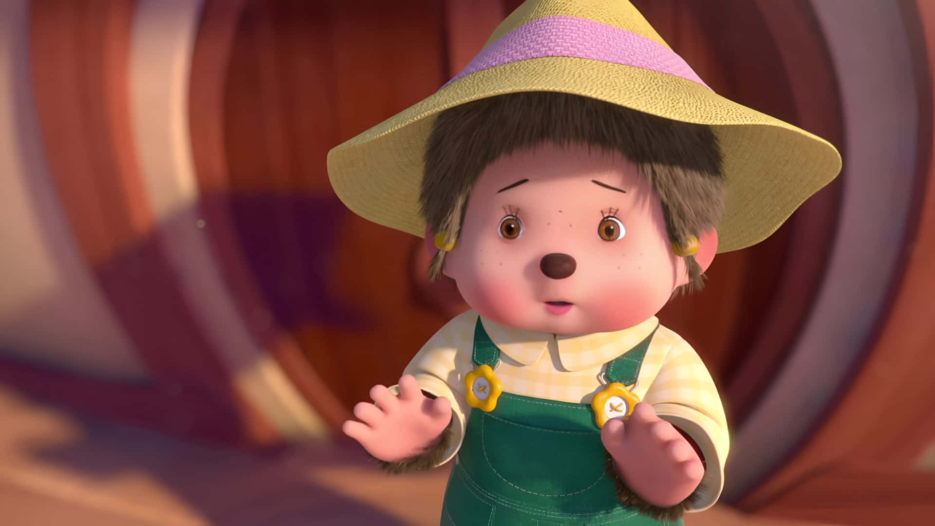 Monchhichi, yellow hat, purple band, Full HD Desktop Wallpaper