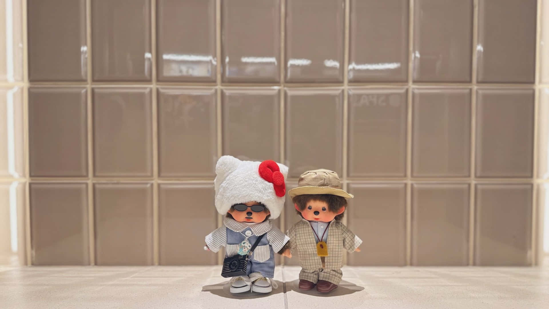 Monchhichi, mon chéri dolls, beige tiled wall, Full HD Desktop Wallpaper