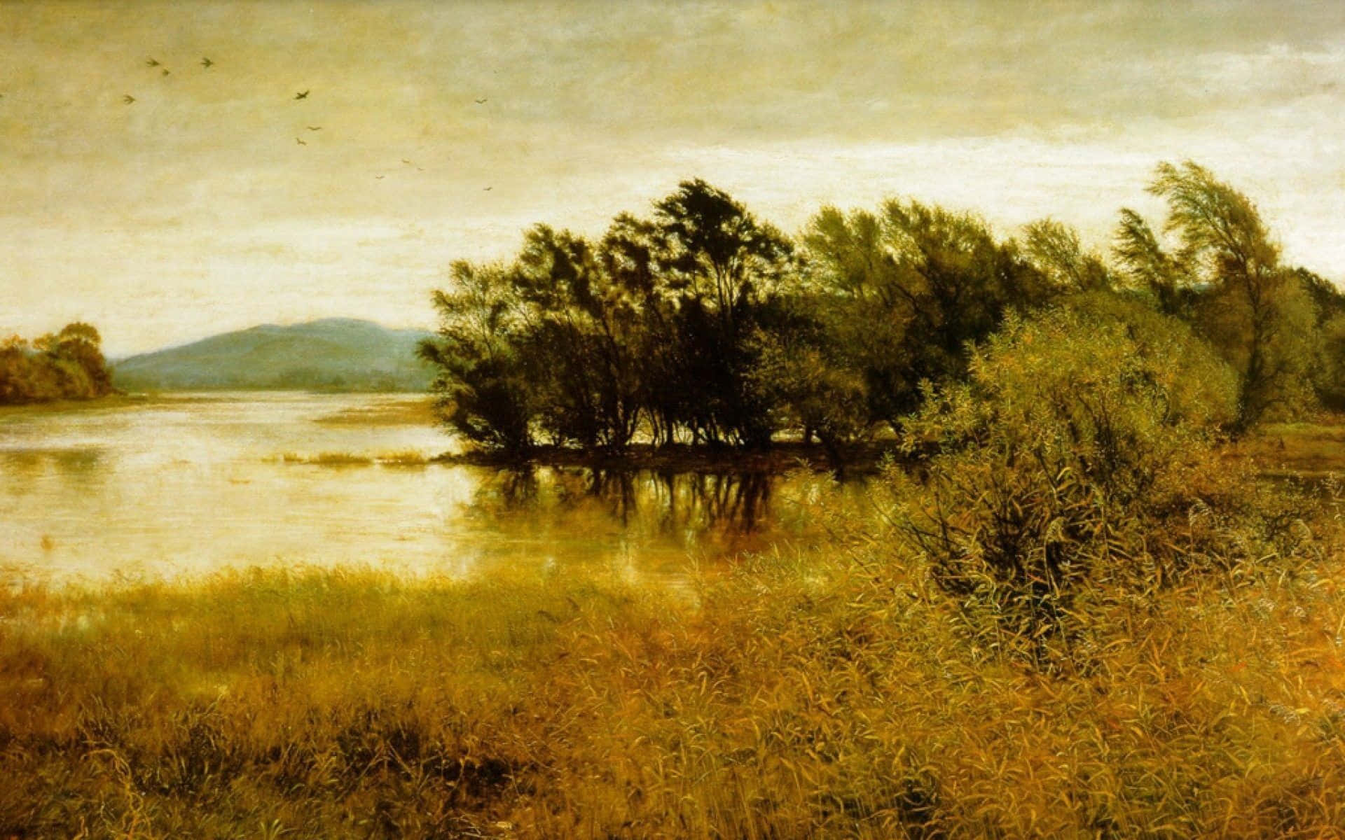 Monet, golden-hued riverbank, tall grasses, Full HD Desktop Wallpaper