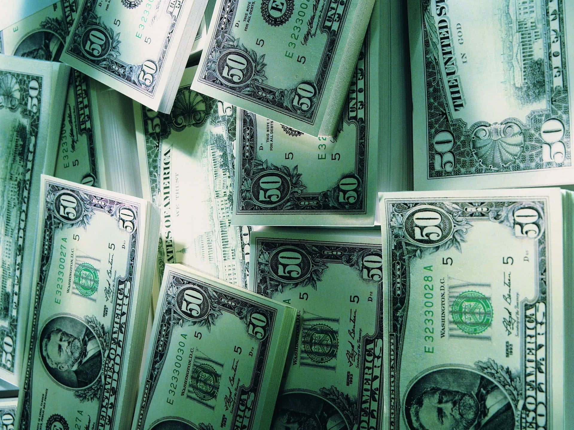 fifty dollar bills, green tones, chaotic pile, Full HD Desktop Wallpaper