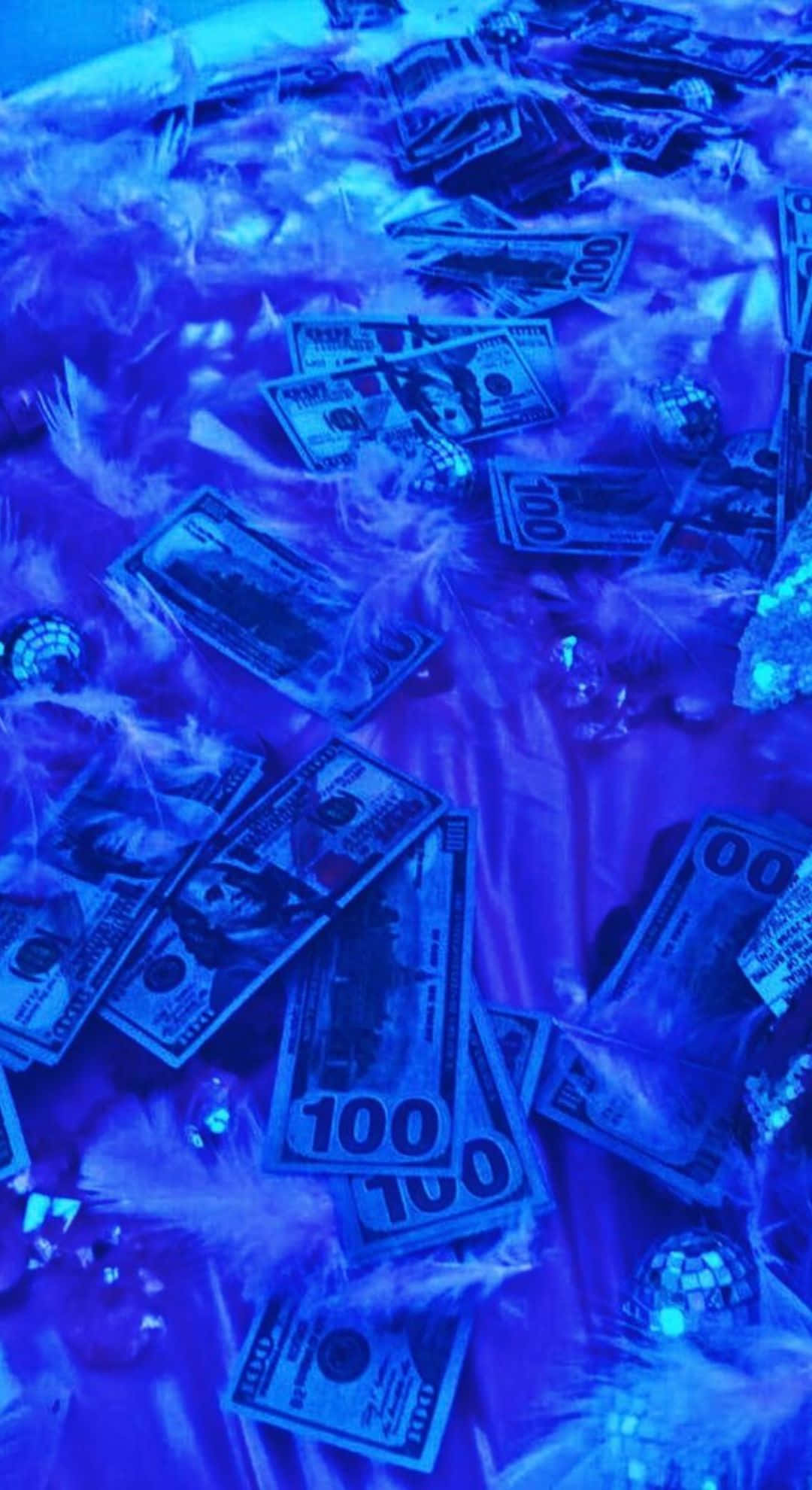 hundred dollar bills, blue feathers, disco balls, Full HD Phone Wallpaper