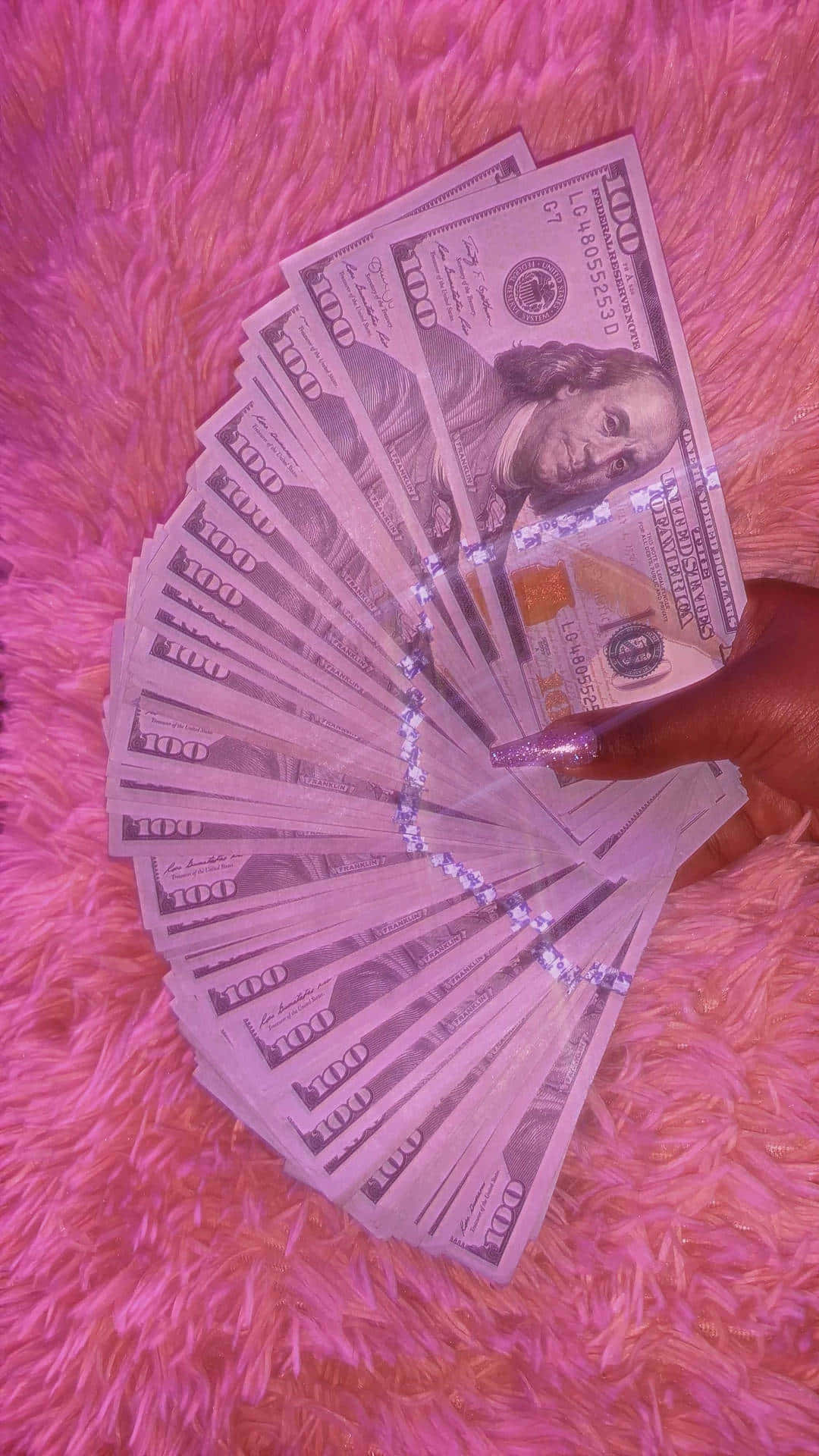 crisp hundred-dollar bills, fluffy pink rug, pink lighting, Full HD Phone Wallpaper