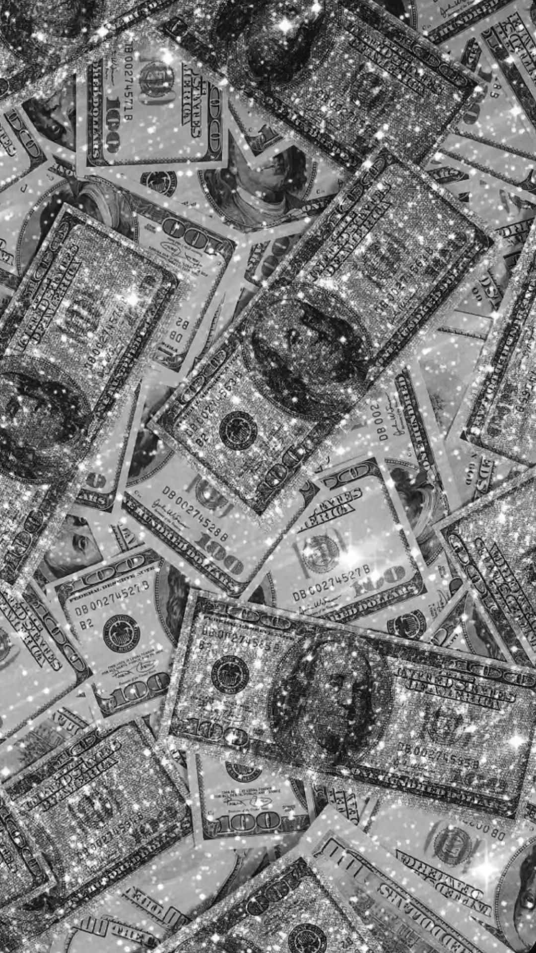 hundred dollar bills, sparkling glitter, monochrome wallpaper, Full HD Phone Wallpaper