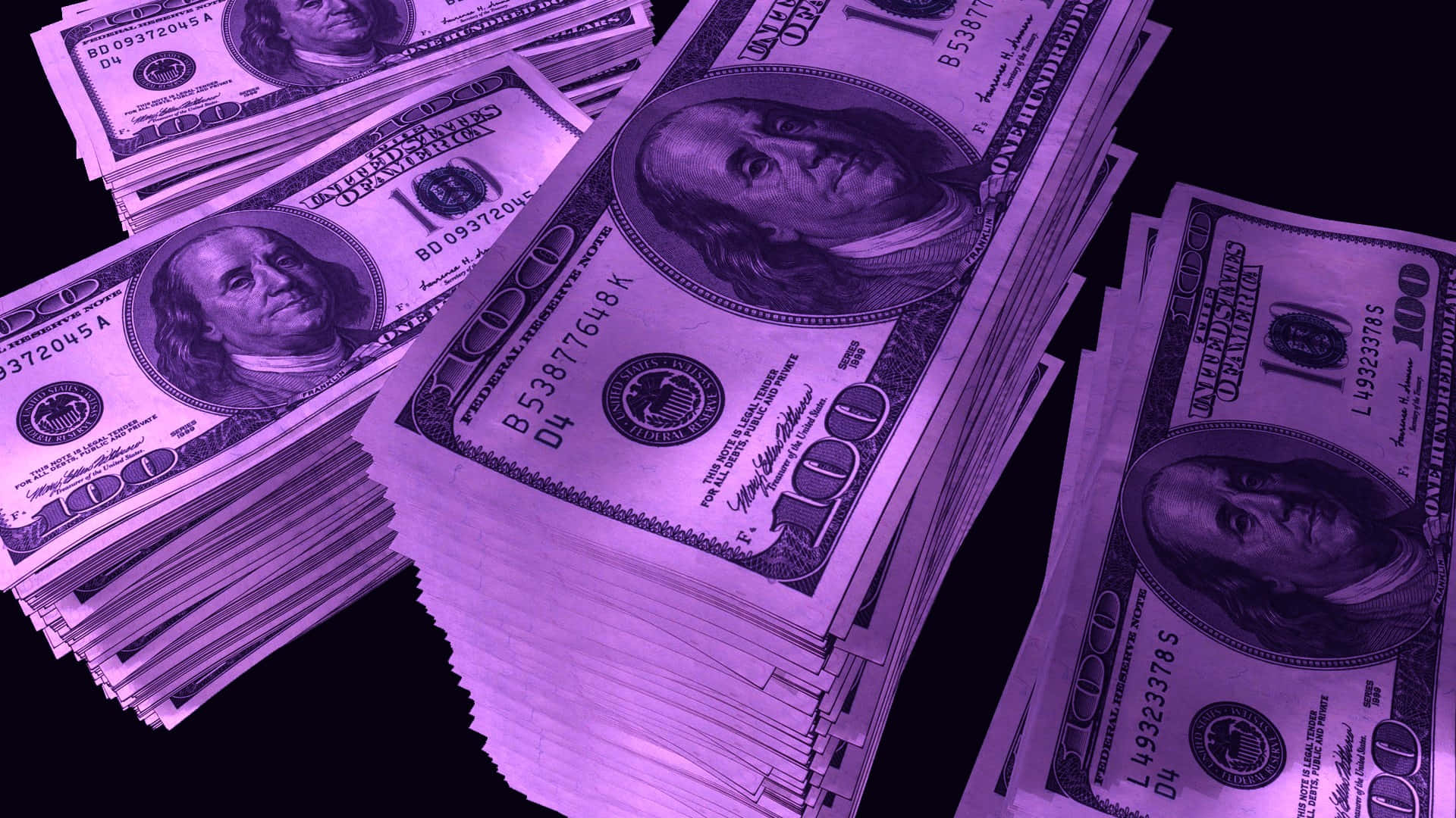 hundred dollar bills, purple light, black background, Full HD Desktop Wallpaper