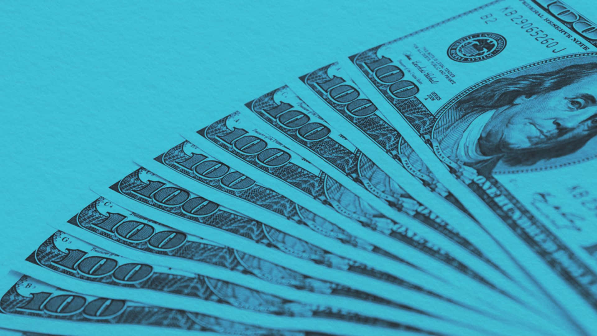 hundred dollar bills, cyan background, sharp focus, Full HD Desktop Wallpaper