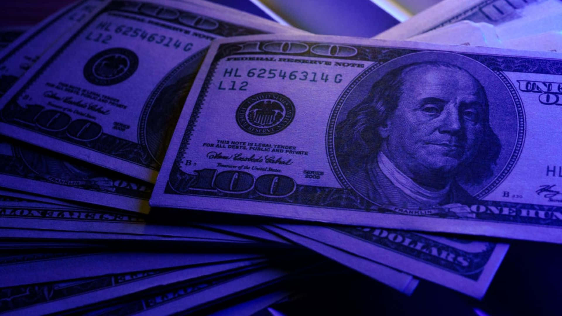 one hundred dollar bills, purple lighting, glow, Full HD Desktop Wallpaper