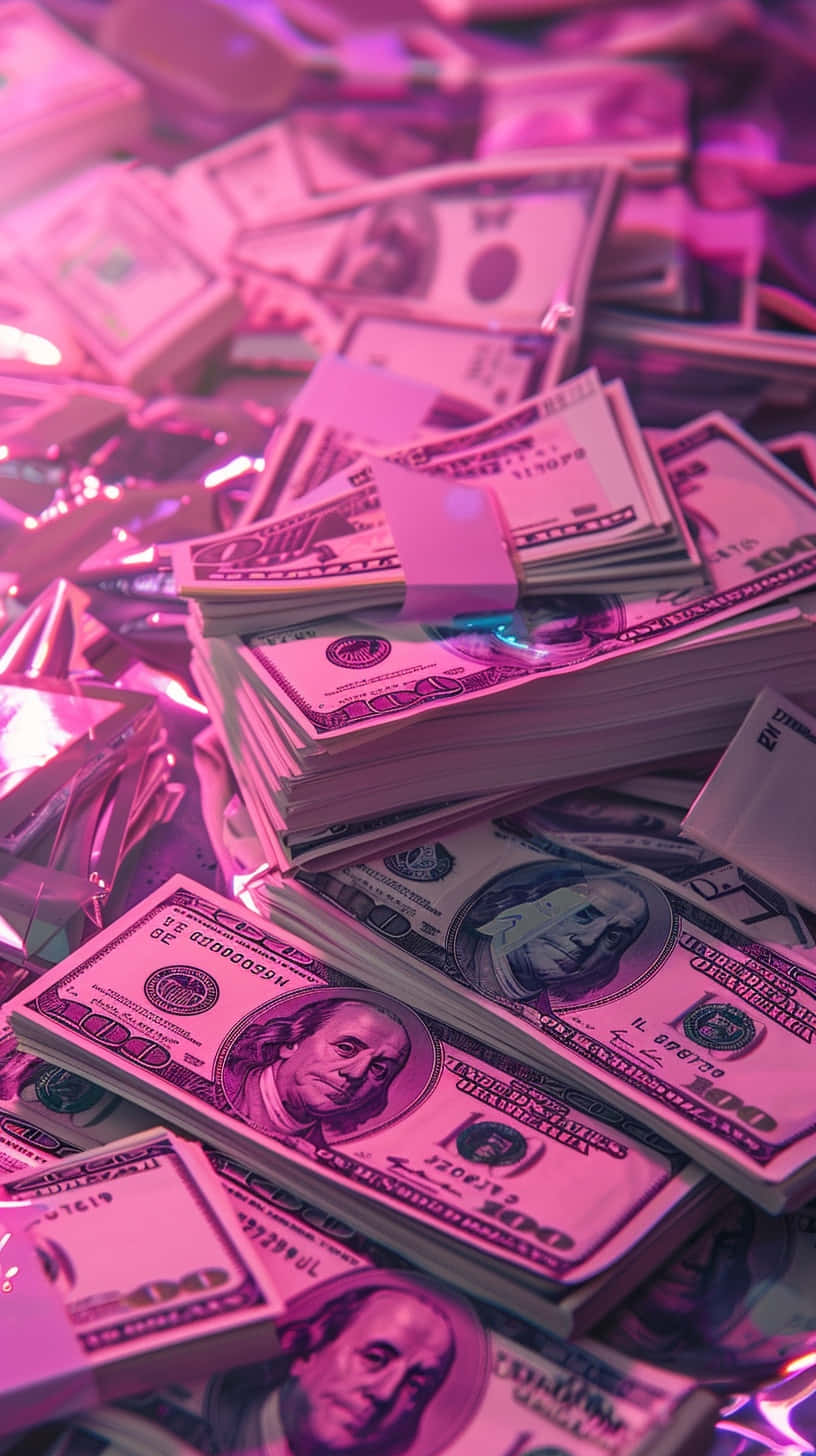 hundred dollar bills, vibrant pink neon light, chaotic pile, HD Phone Wallpaper