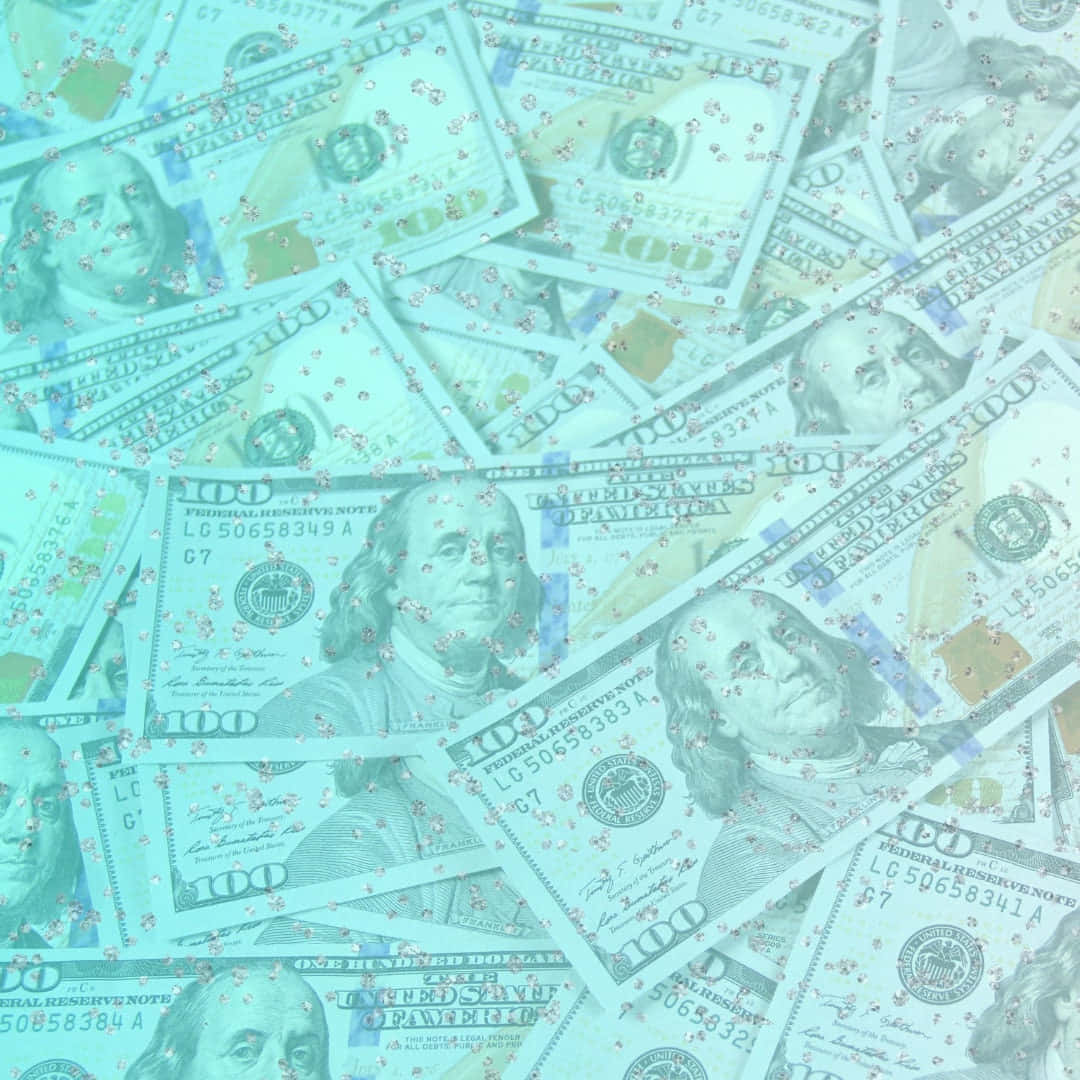one hundred dollar bills, teal wash, pink glitter particles, SD Desktop Wallpaper