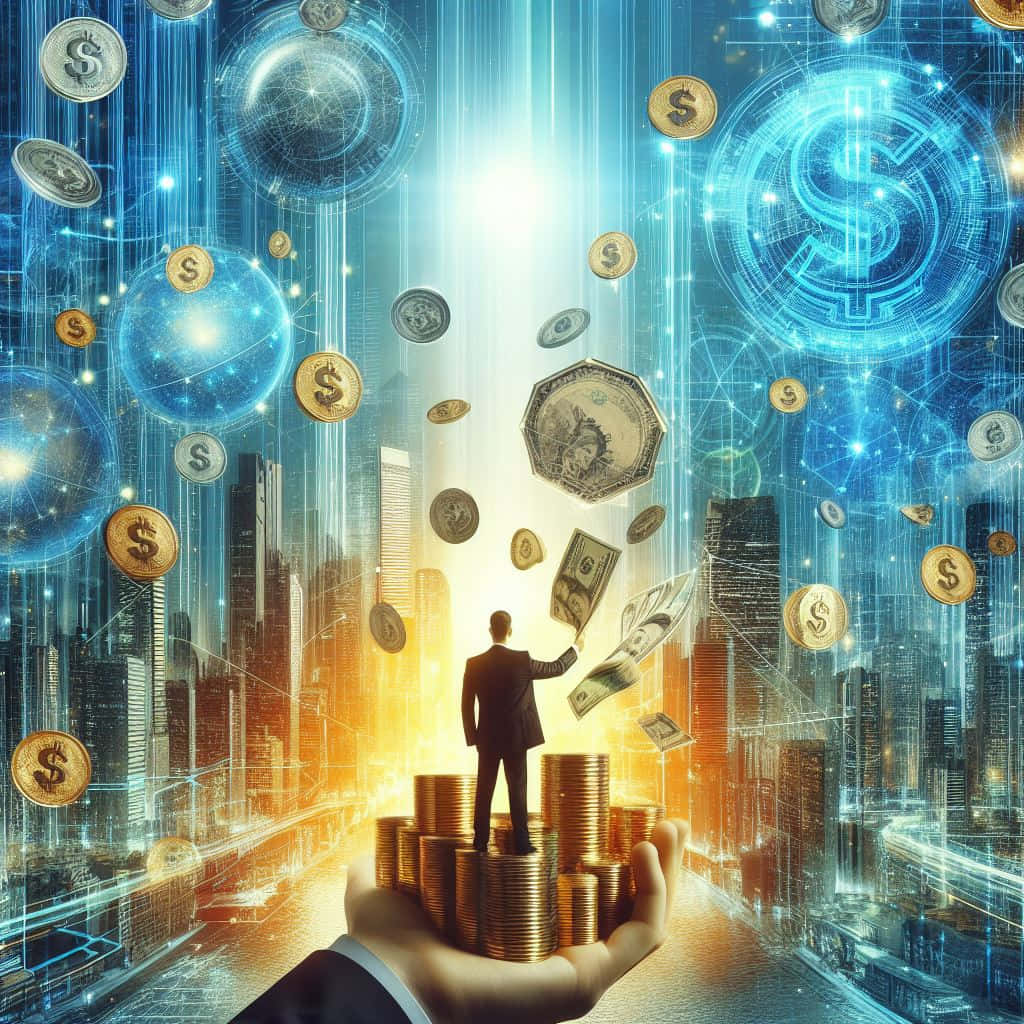 golden coin stacks, giant hand, dollar coins, SD Desktop Wallpaper