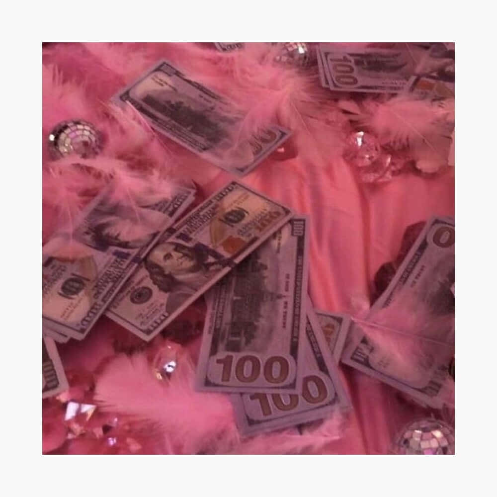 pink cash glamour, hundred dollar bills, plush pink feathered surface, SD Desktop Wallpaper