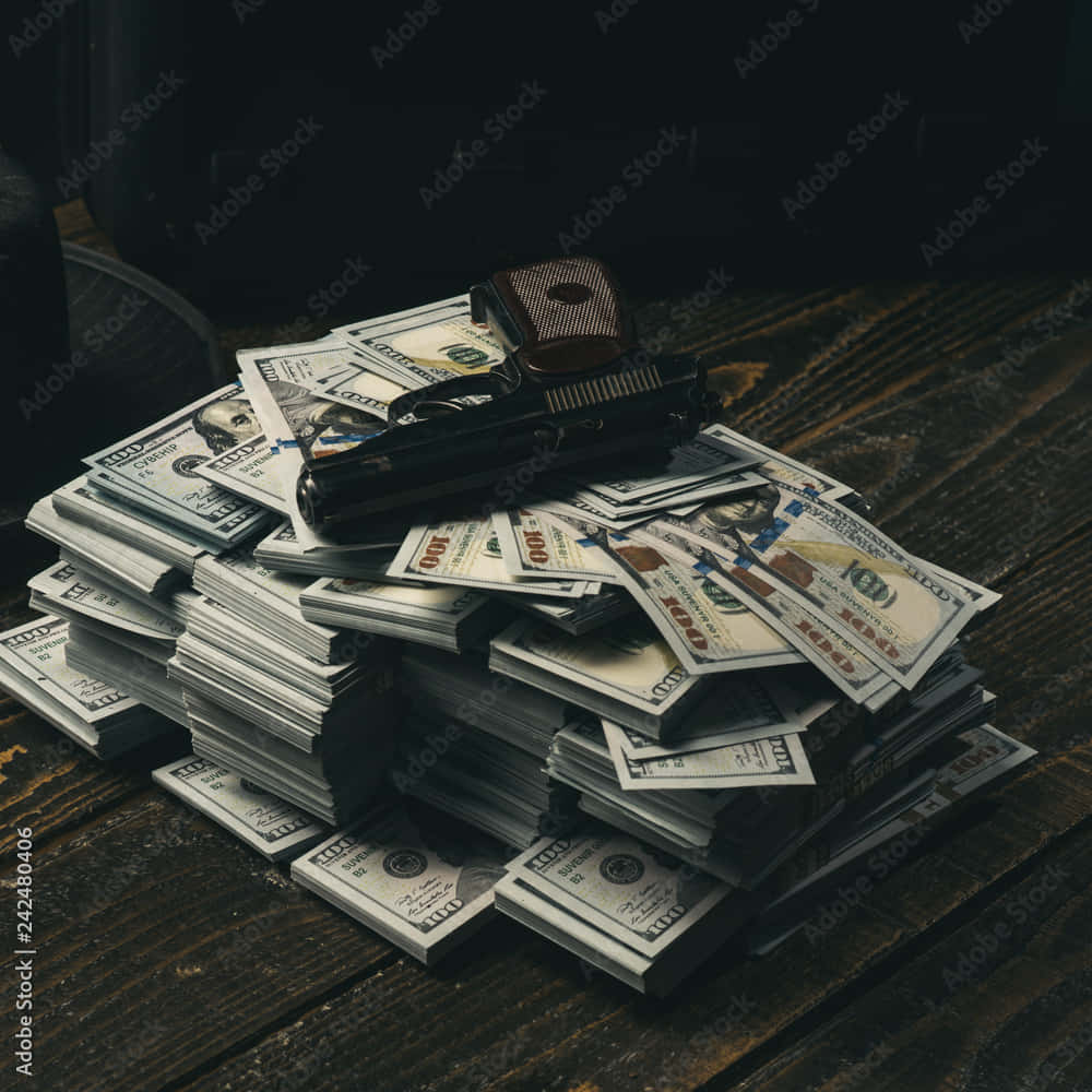 black handgun, bundled $100 bills, weathered wooden table, SD Desktop Wallpaper
